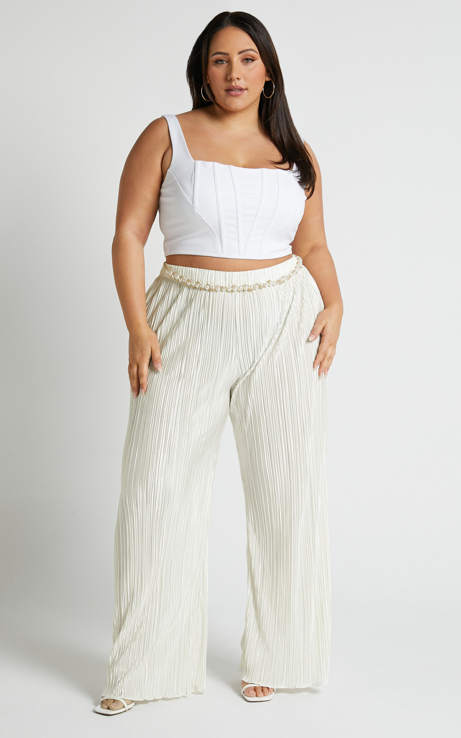 Beca Pants - High Waisted Plisse Flared Pants in Cream