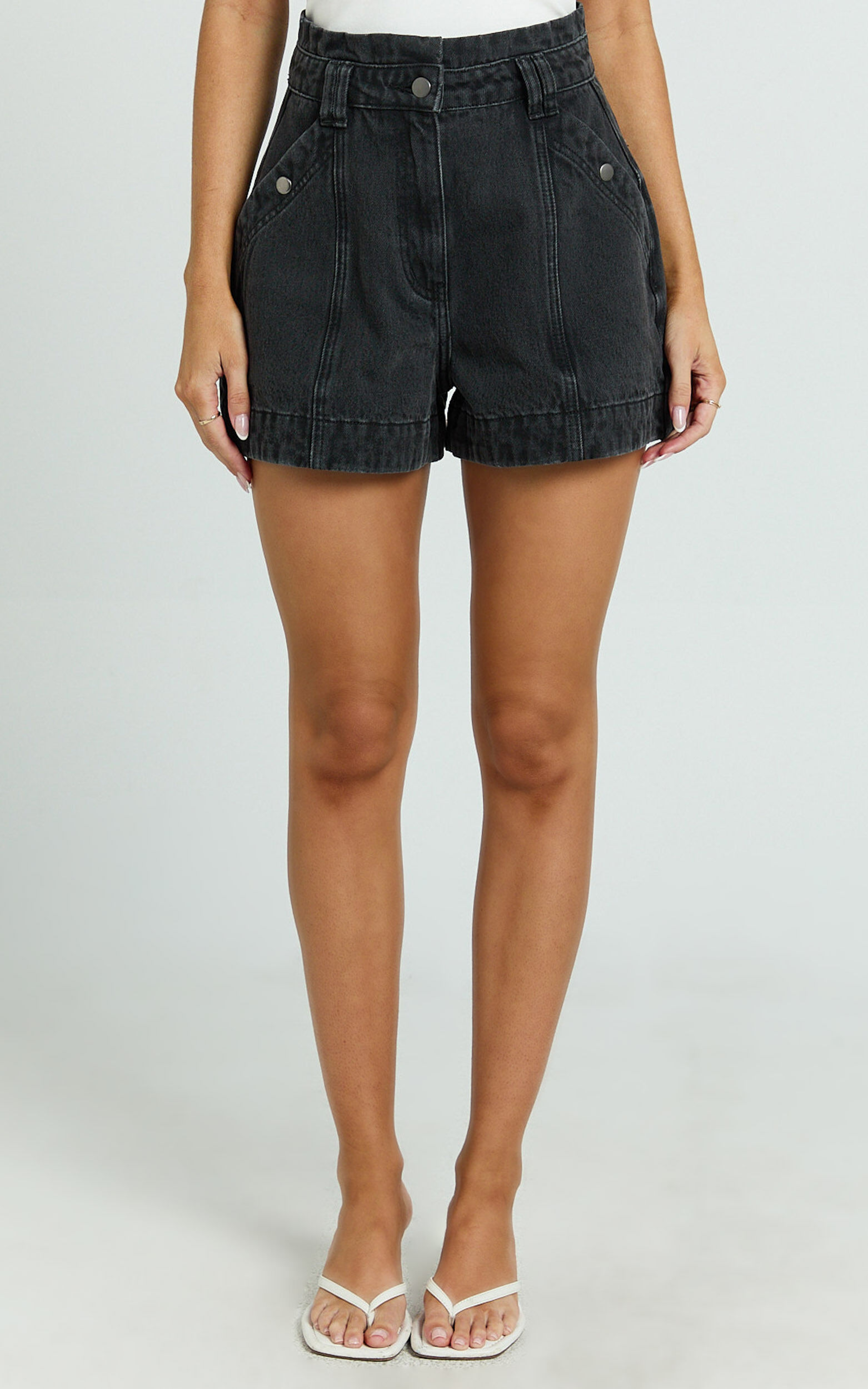 Kayla Shorts - High Waisted A Line Denim Shorts in Washed Black