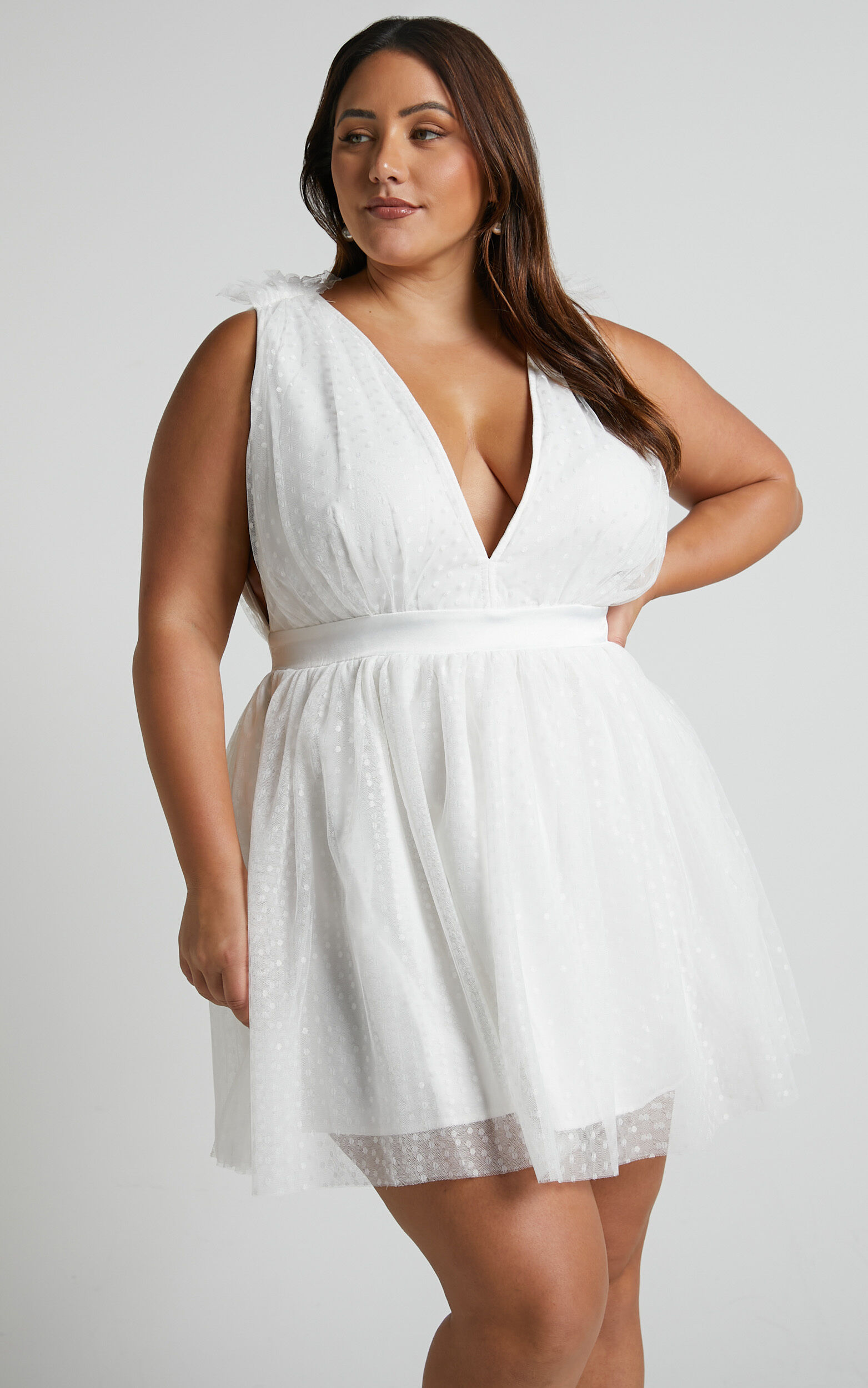 Mariabella Mini Dress - Tulle Plunge Dress in White