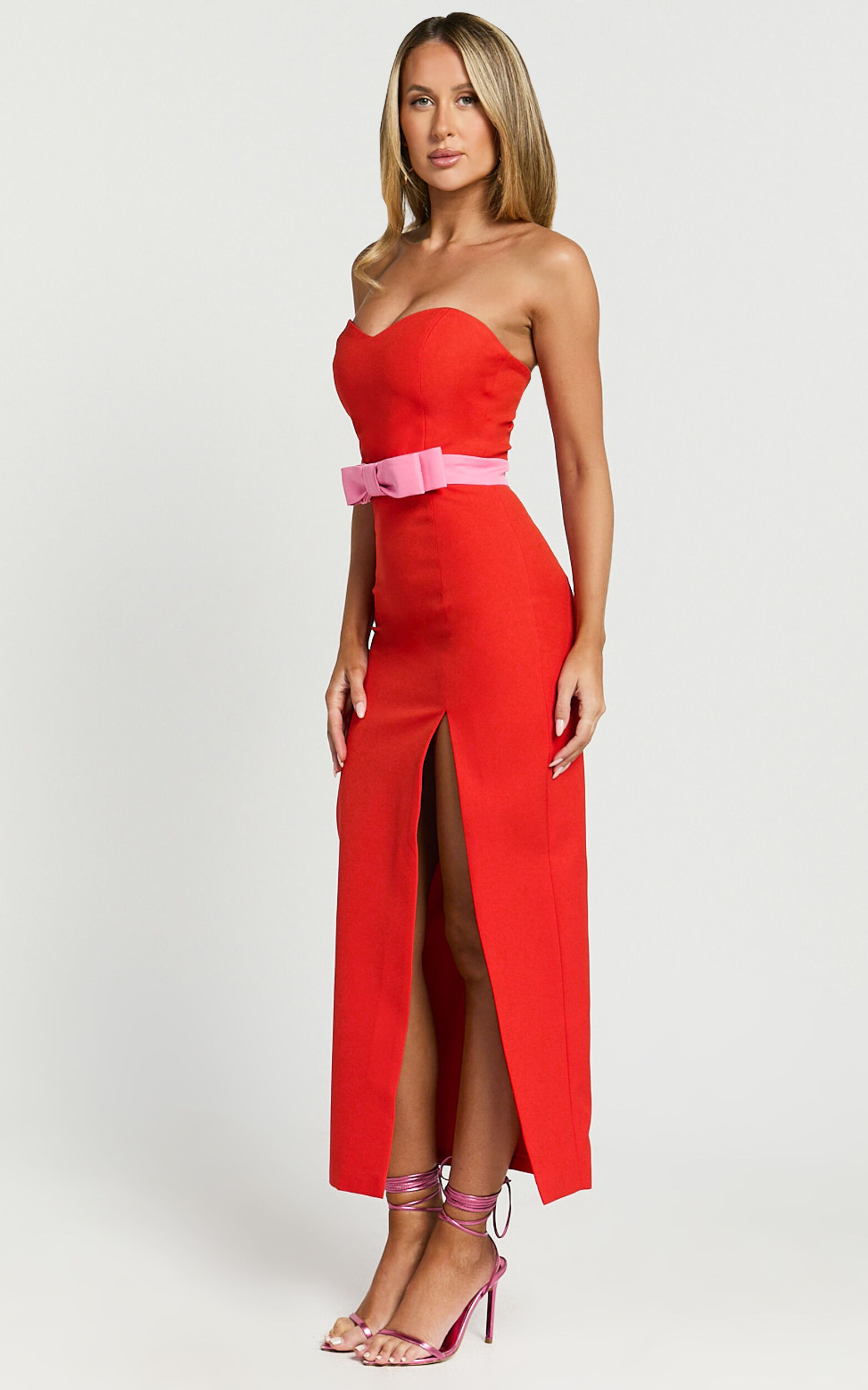 Veronica Midi Dress - Sweetheart Strapless Bow Detail High Split Dress in Red