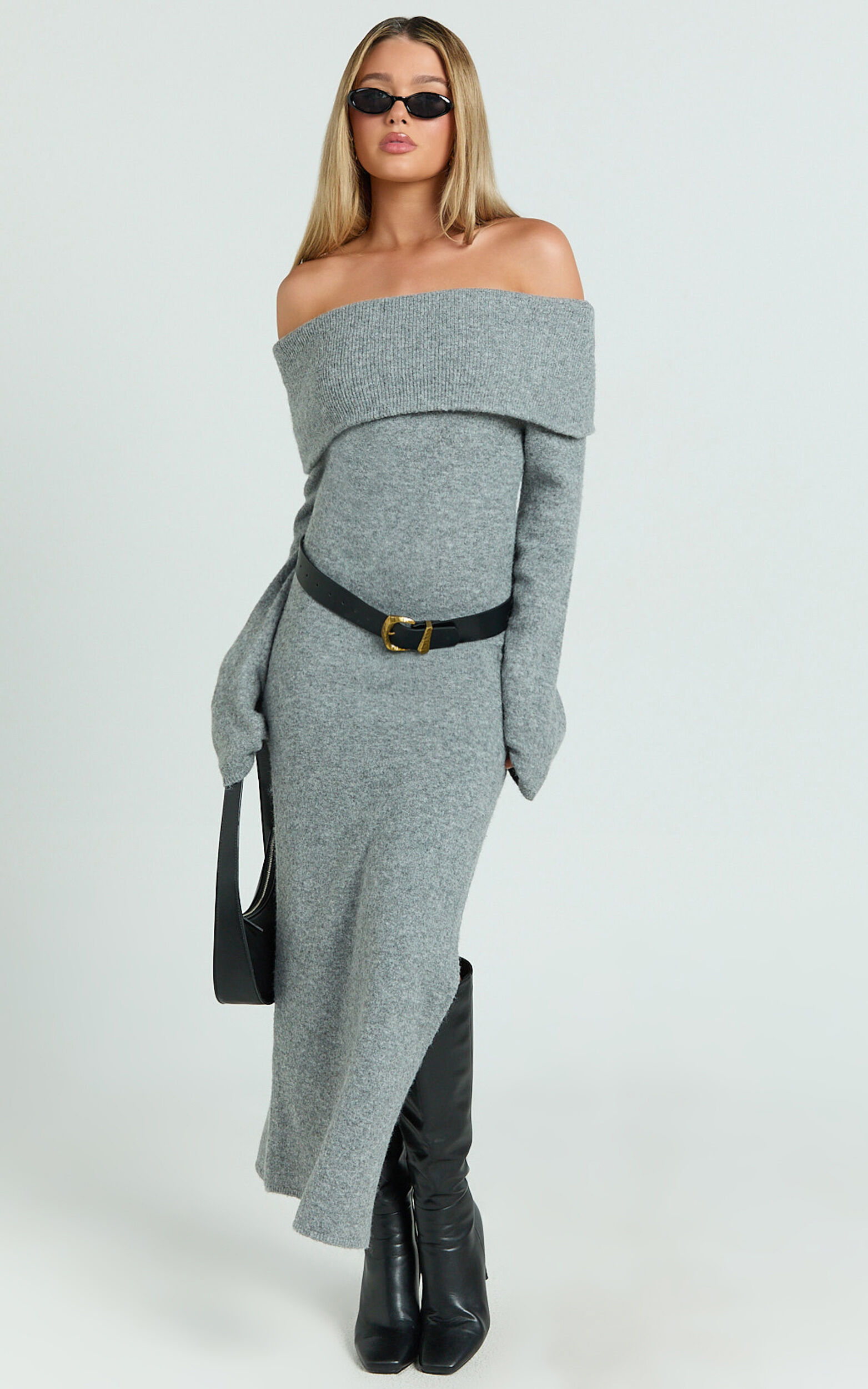 Darcie Midi Dress - Off Shoulder Knitted Long Sleeve Dress in Grey Marle