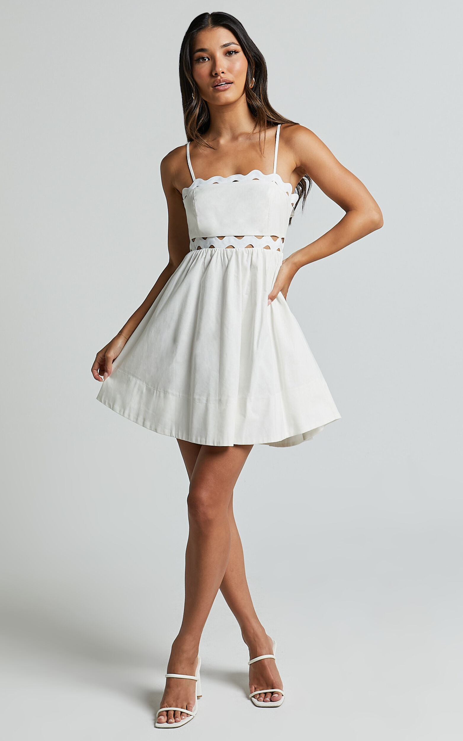 Brylee Mini Dress - Strappy Wave Neck Pleated Dress in White