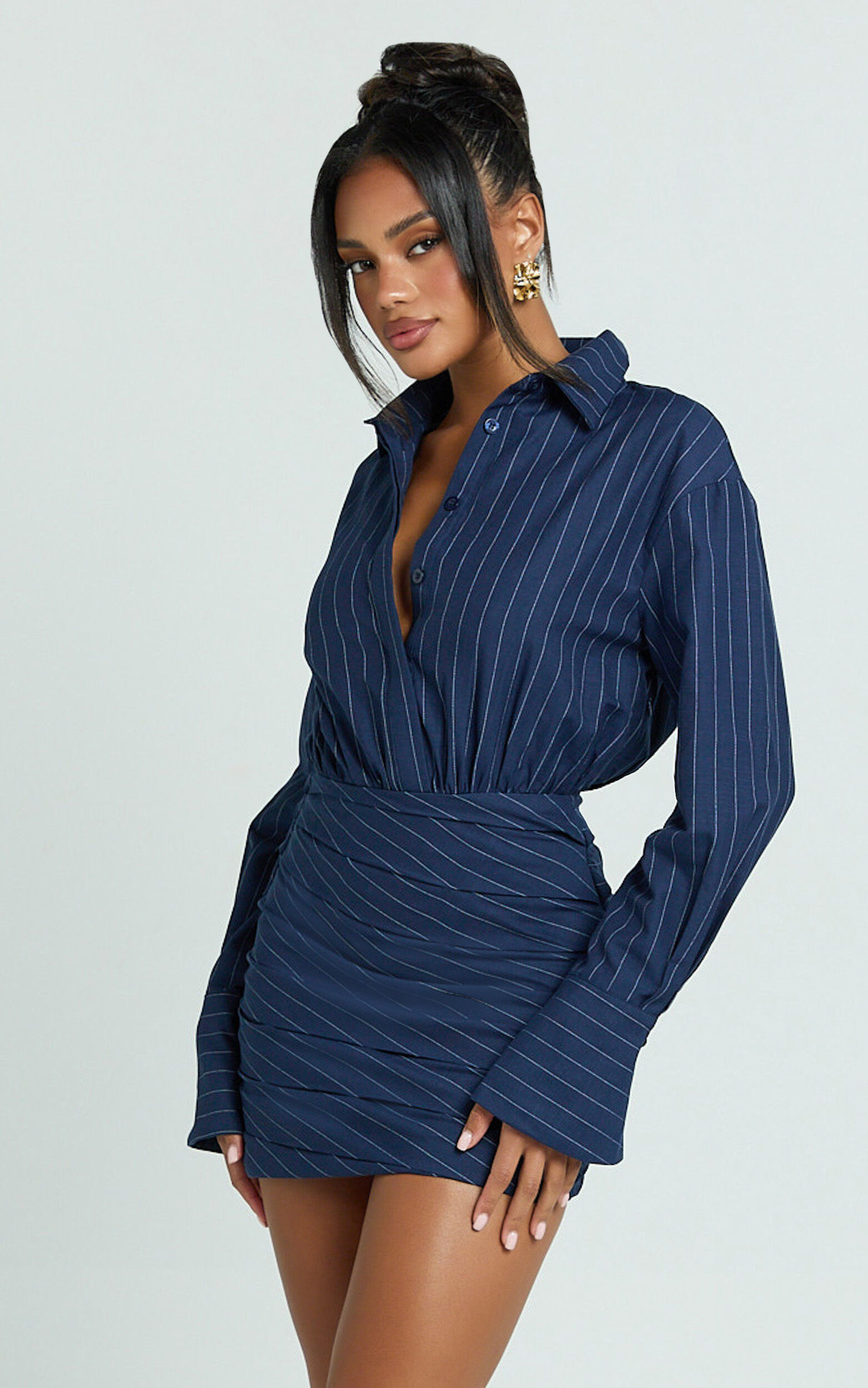 Elliot Mini Dress - Long Sleeve Pinstripe Shirt Dress in Navy Stripe