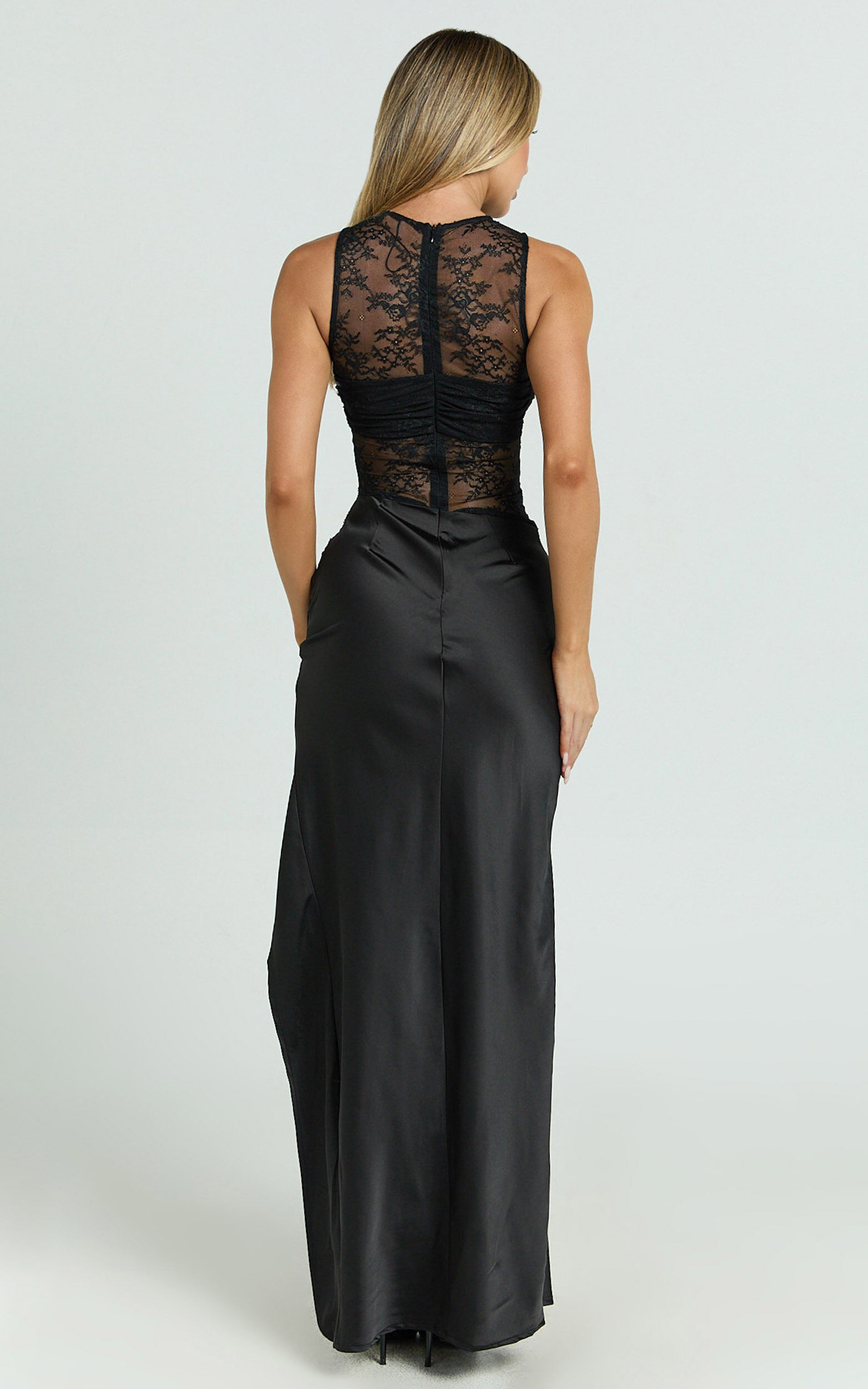 Reeves Maxi Dress - Contrast Lace High Neck Fitted Satin Dress in Black