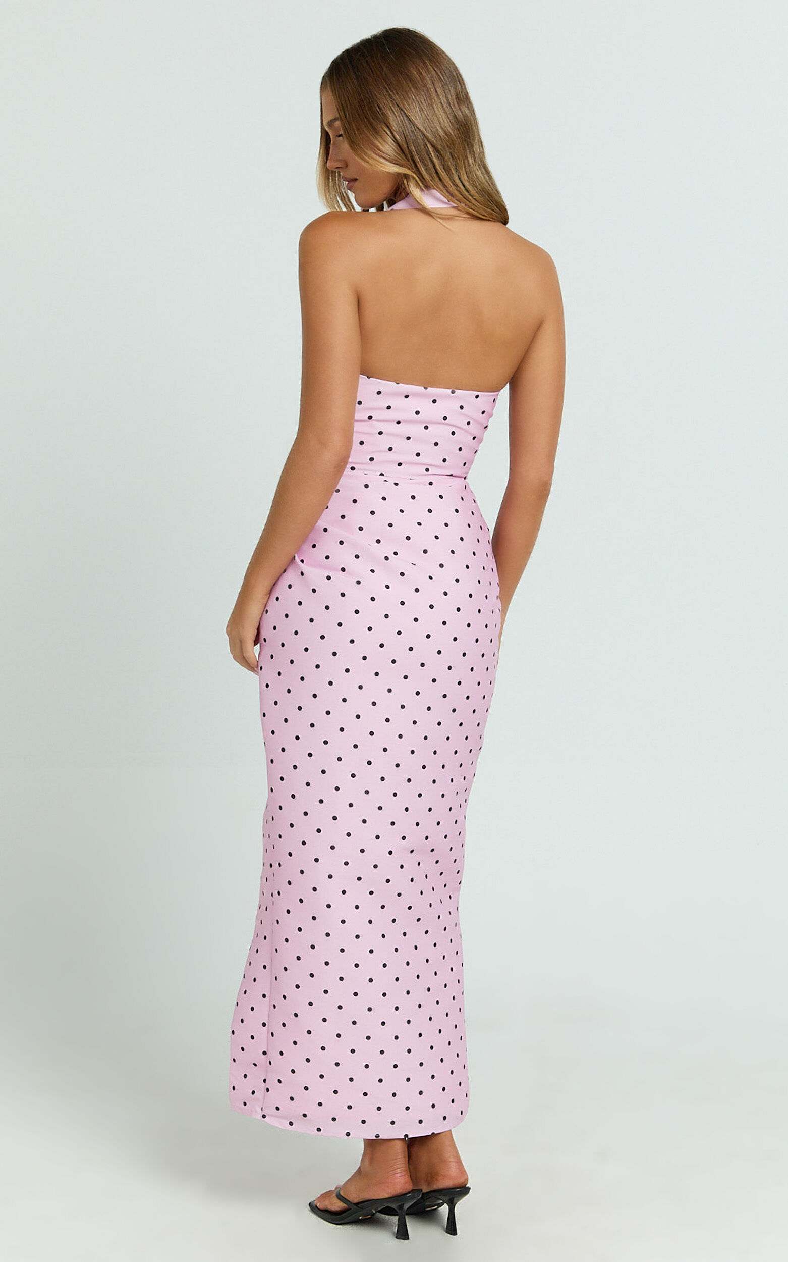 Leni Midi Dress - Off Shoulder V Neck Tucked Side Leg Split Skirt Fitted Dress in Pink
