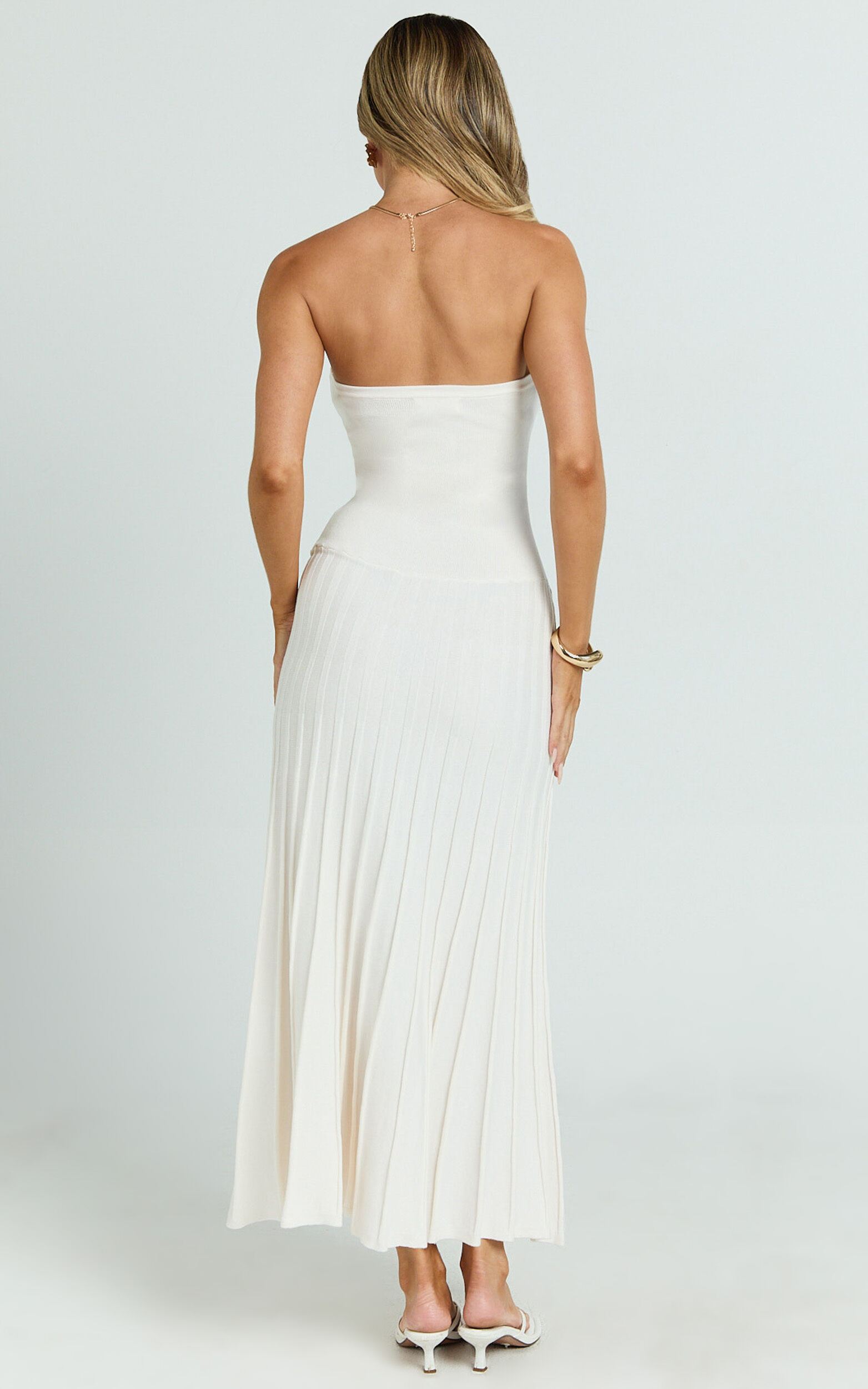 Paris Midi Dress - Strapless Drop Waist Pleated Knit Dress in White