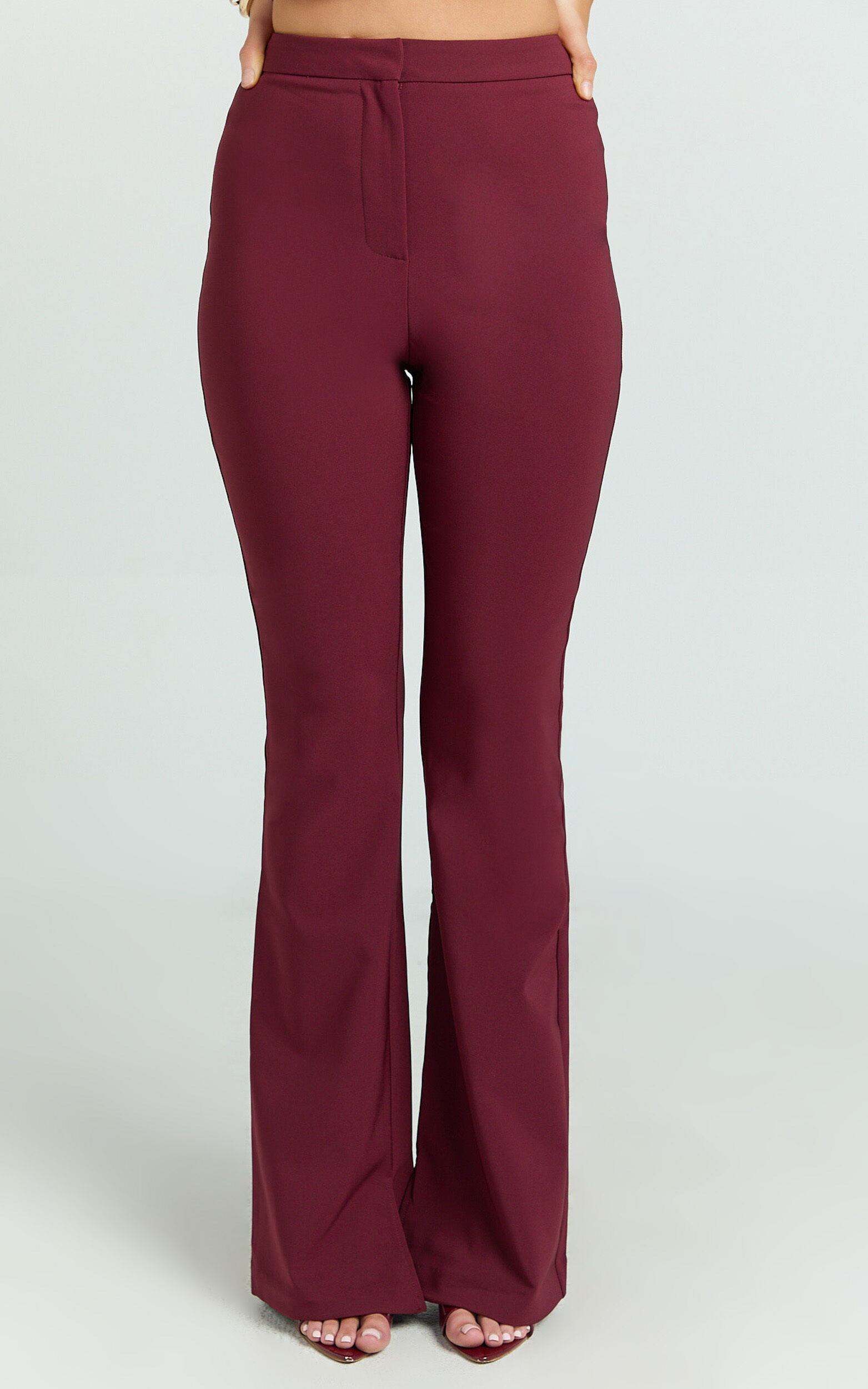 Irene Pants - Mid Rise Split Hem Bootleg Pants in Wine