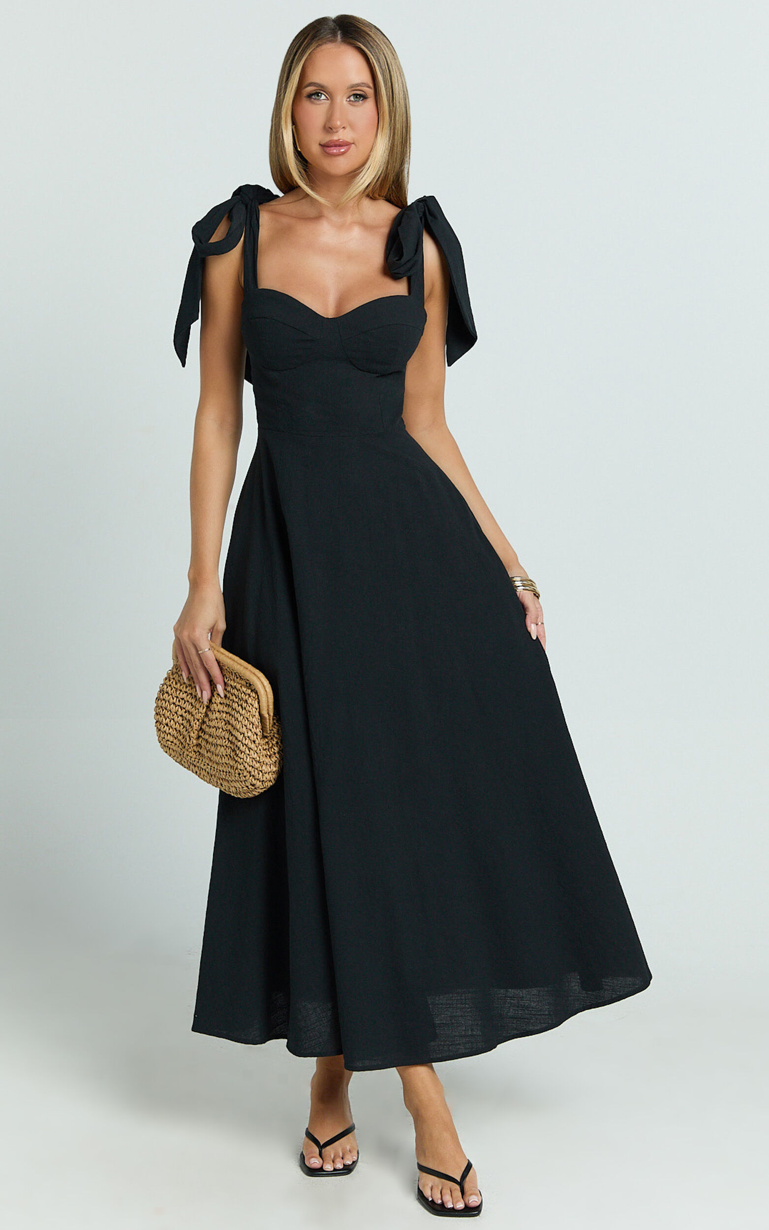 Tymia Midi Dress - Shoulder Tie Bustier Shirred Back A Line in Black