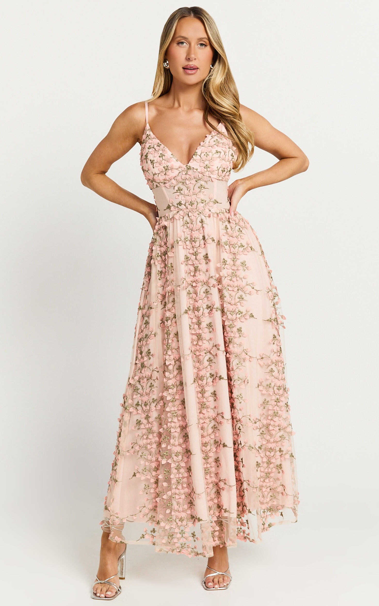 Amalie The Label - Lou V Neck Embroidered Tulle Maxi Dress in Blush