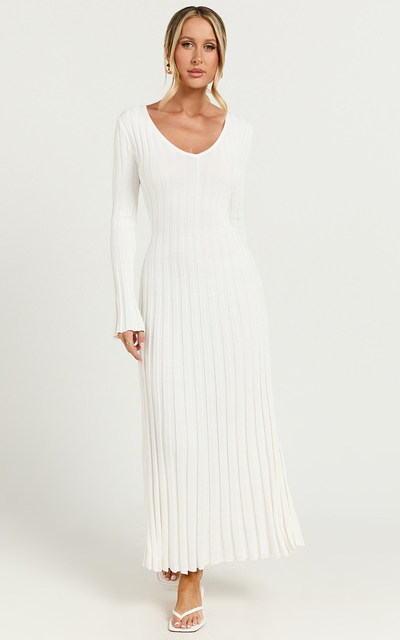 Astra Midi Dress - V Neck Long Sleeve Knit Dress in White