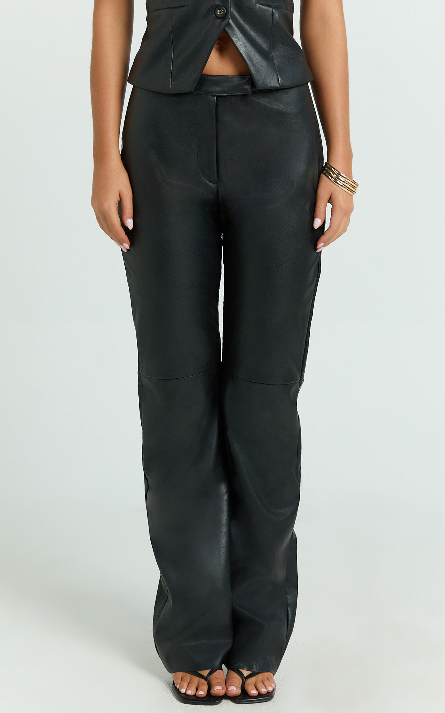 Marzia Pants - Faux Leather Mid Waisted Straight Leg Pants in Black
