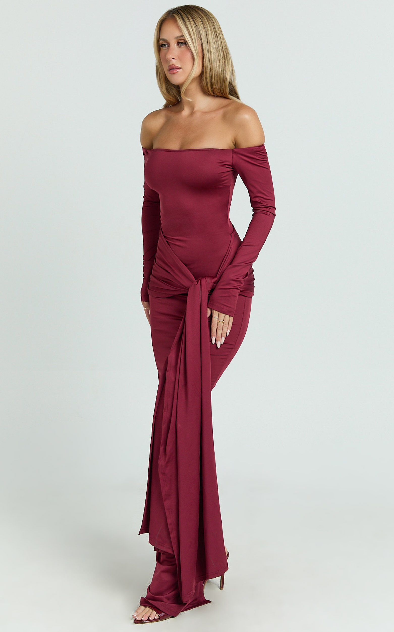 Judith Maxi Dress - Boat Neck Backless Tie Front Long Sleeve Jersey Dress in Wine