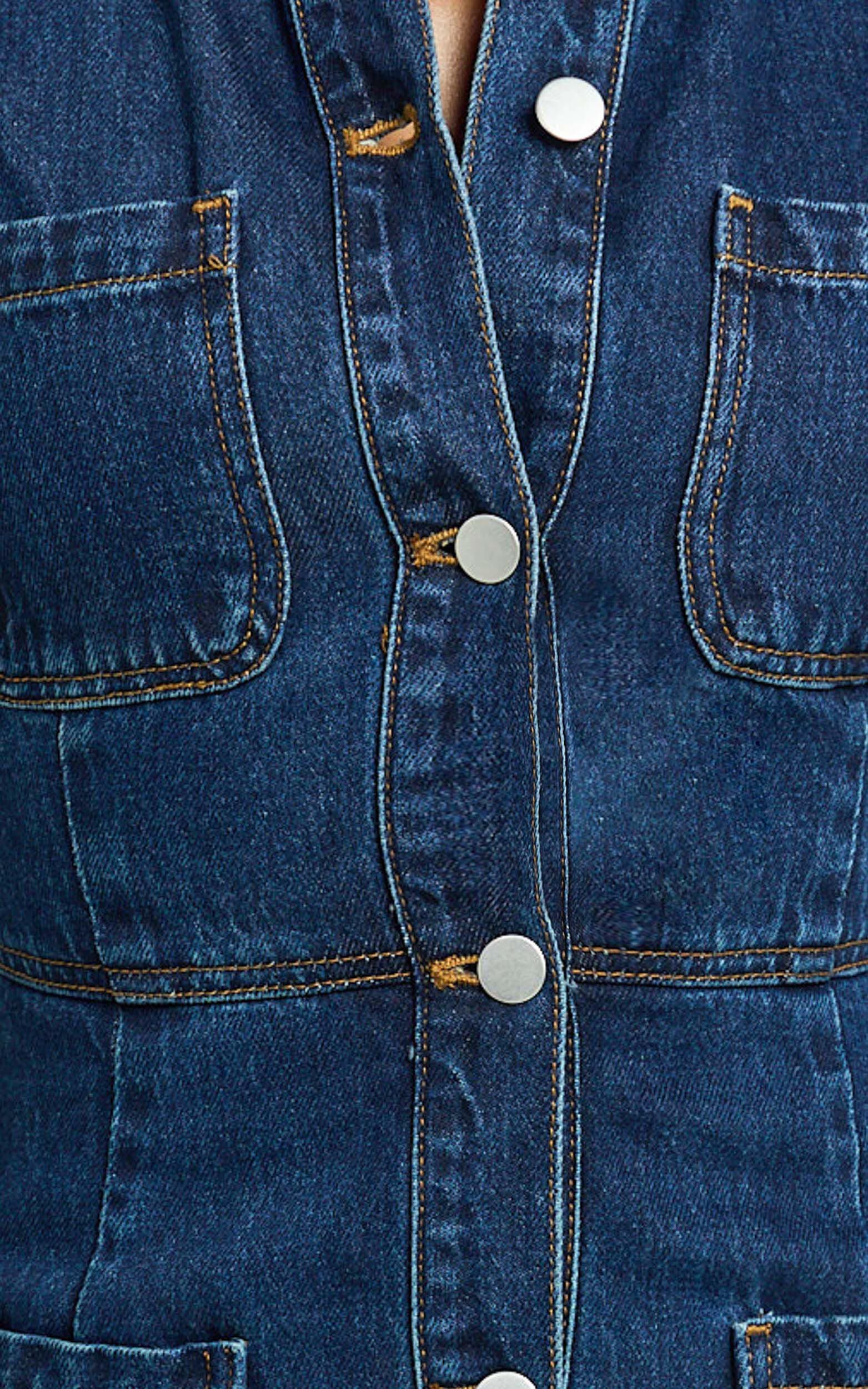 Stephanie Mini Dress - Scoop Neck Pocket Detail Recycled Denim Dress in Indigo Wash