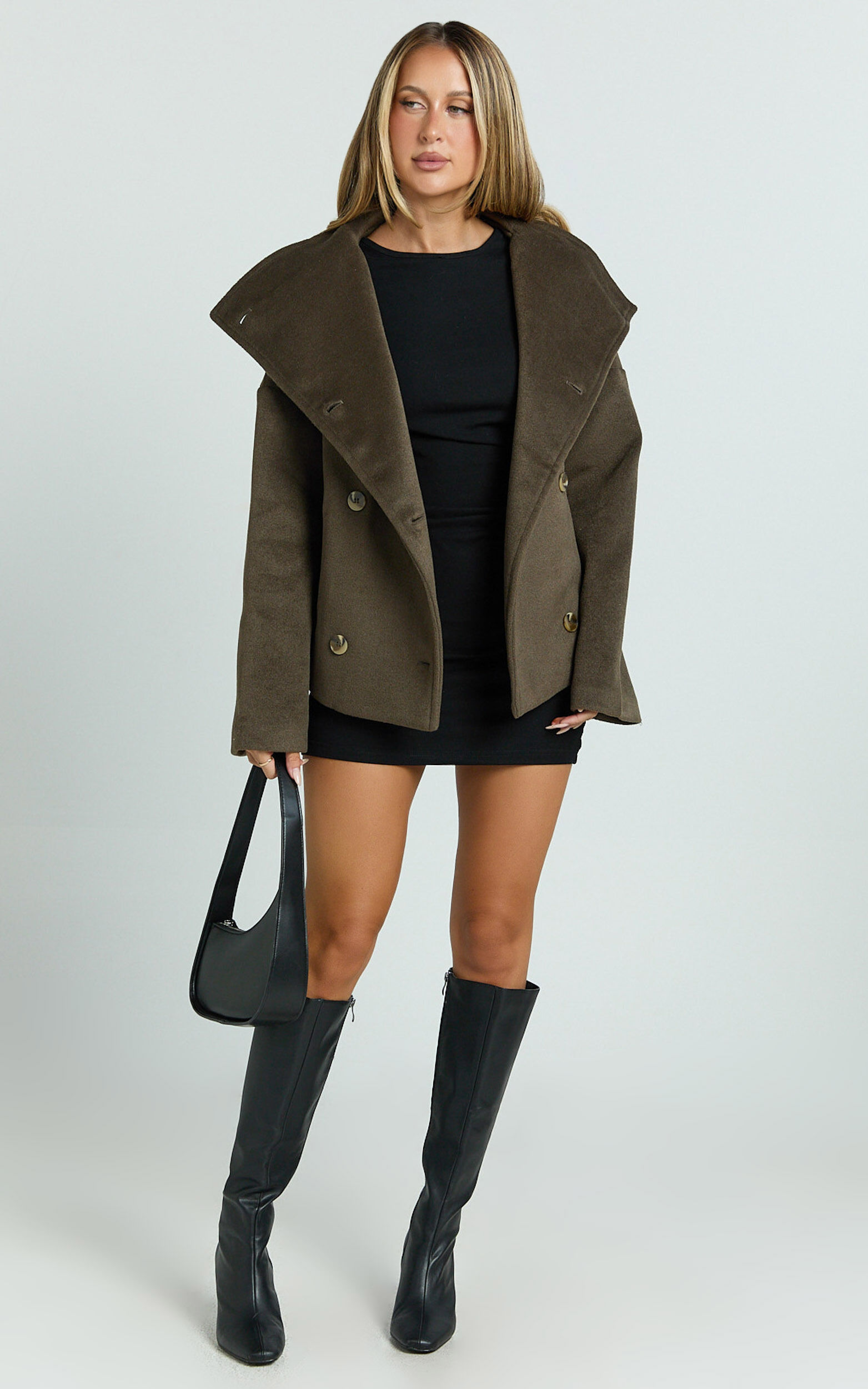 Yasmine Coat - Double Breasted High Neck Short Wool Like Coat in Mink