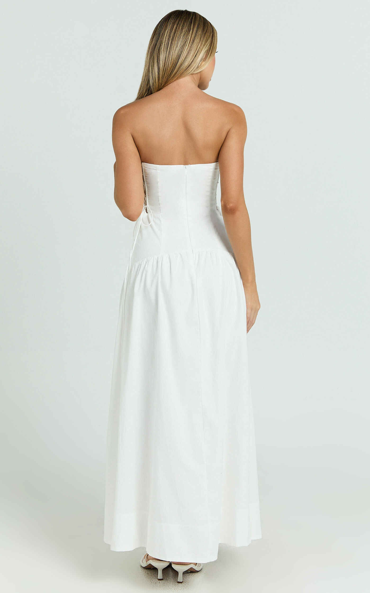 Mikkie Midi Dress - Strapless Drop Waist Side Detailing Dress in White