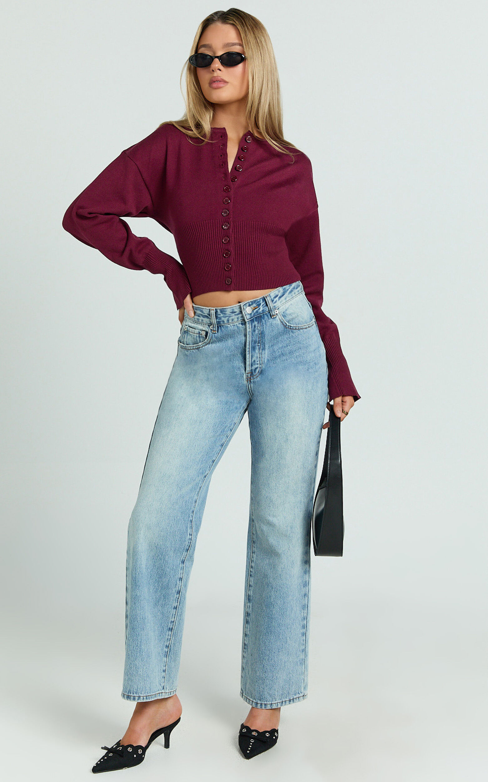 Ramsey Cardigan - Recycled Contoured Waist Button Down Cardigan in Wine