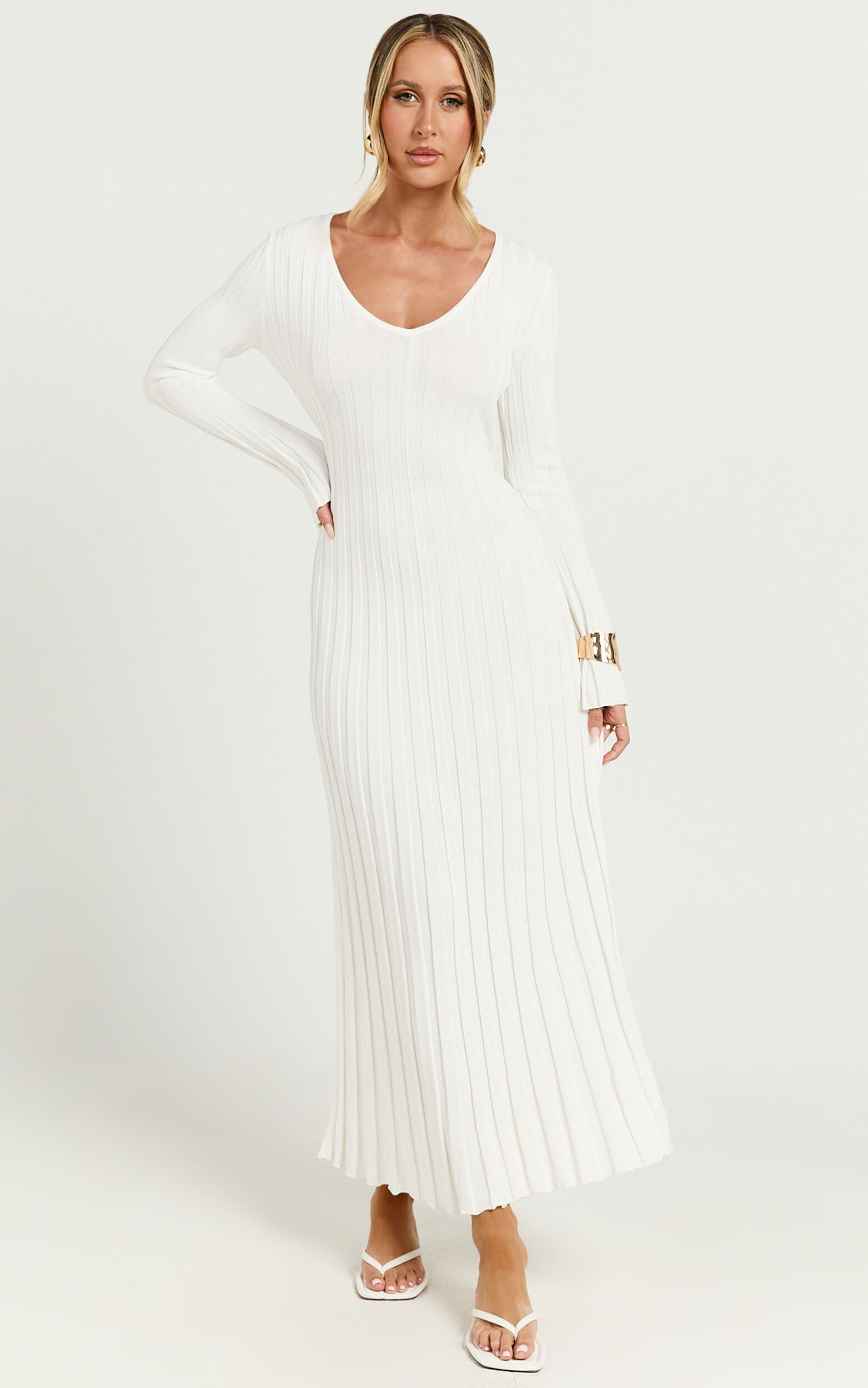 Astra Midi Dress - V Neck Long Sleeve Knit Dress in White