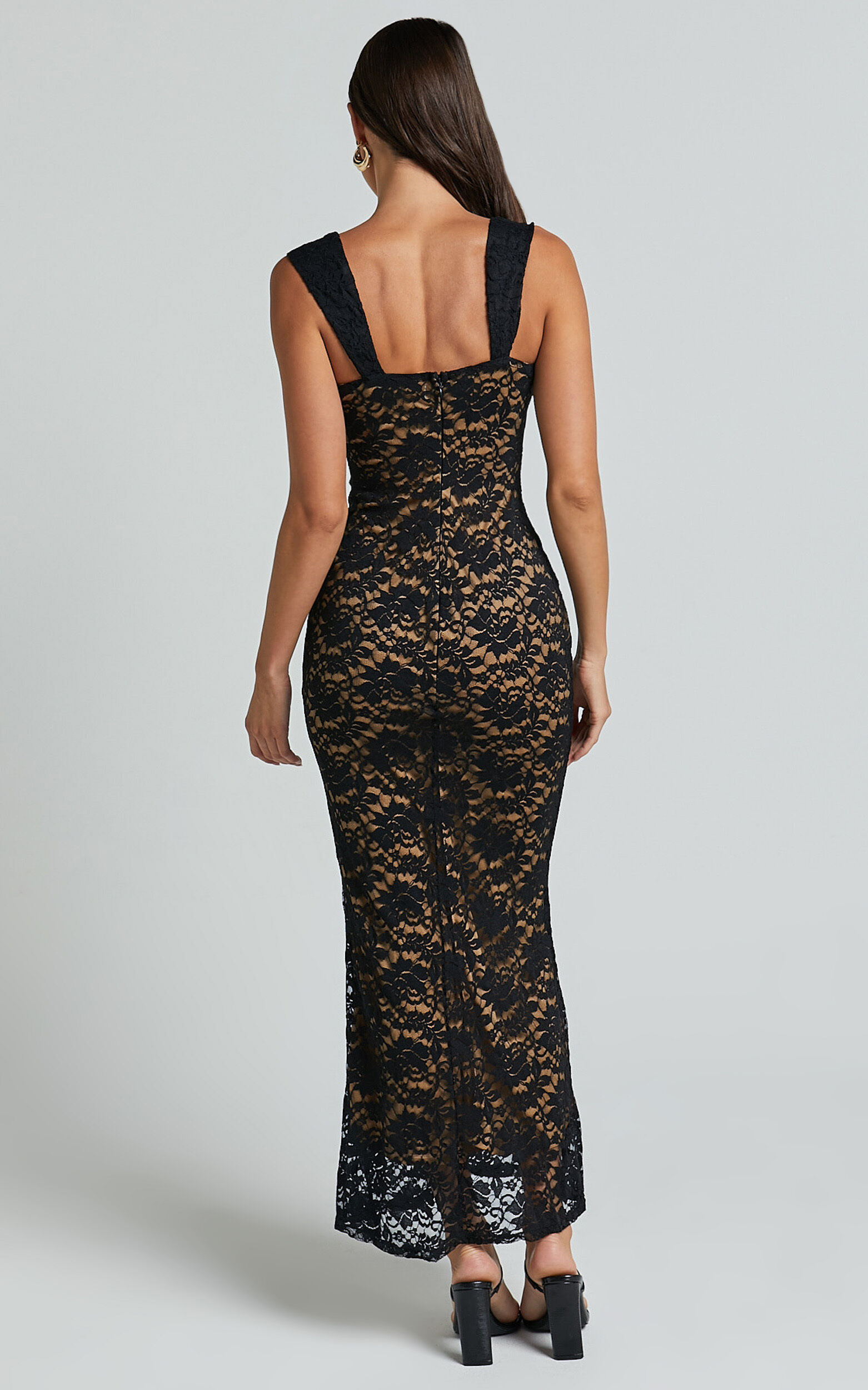 Collette Midi Dress - Ruched Bust Wide Strap Detail Lace Midi Dress in Black