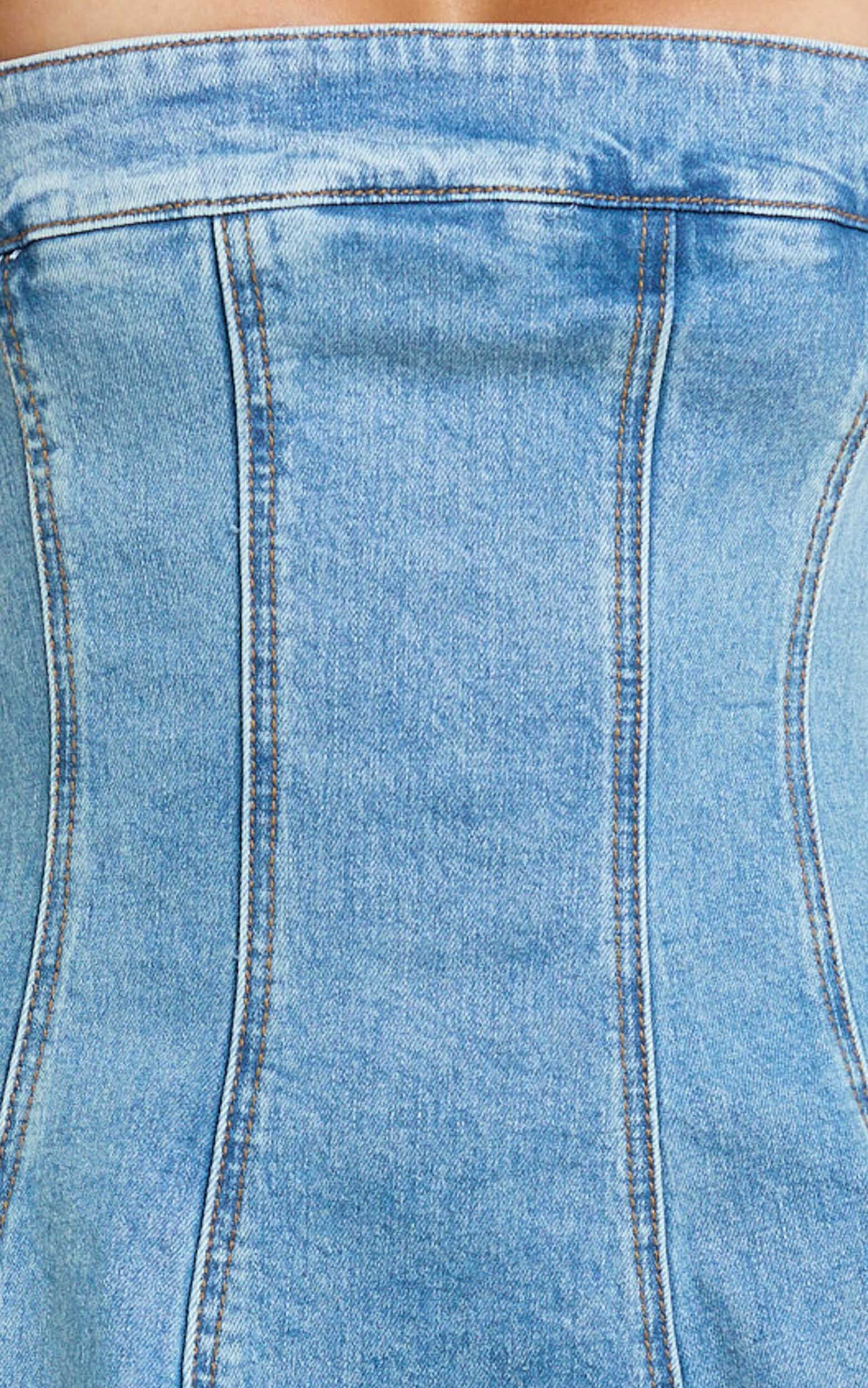 Sally Mini Dress - Straight Neck Fit and Flare Denim Dress in Mid Blue Wash