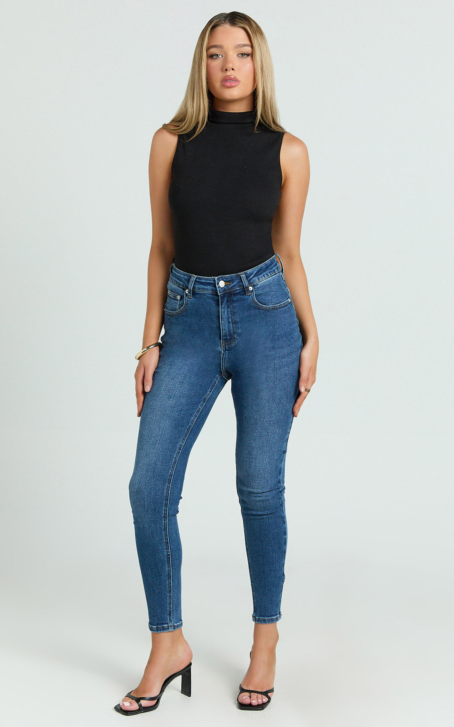 Duffy Jeans - High Waisted Super Stretch Skinny Denim Jeans in Dark Blue Wash