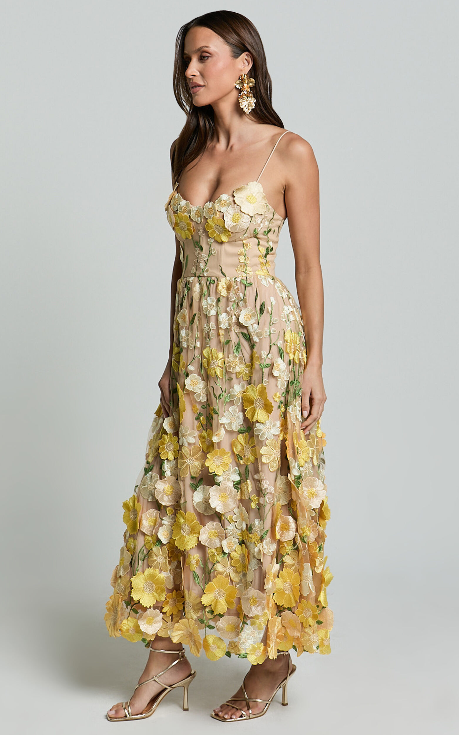 Amalie The Label - Mia Strappy Flower Detail Midi Dress in Yellow