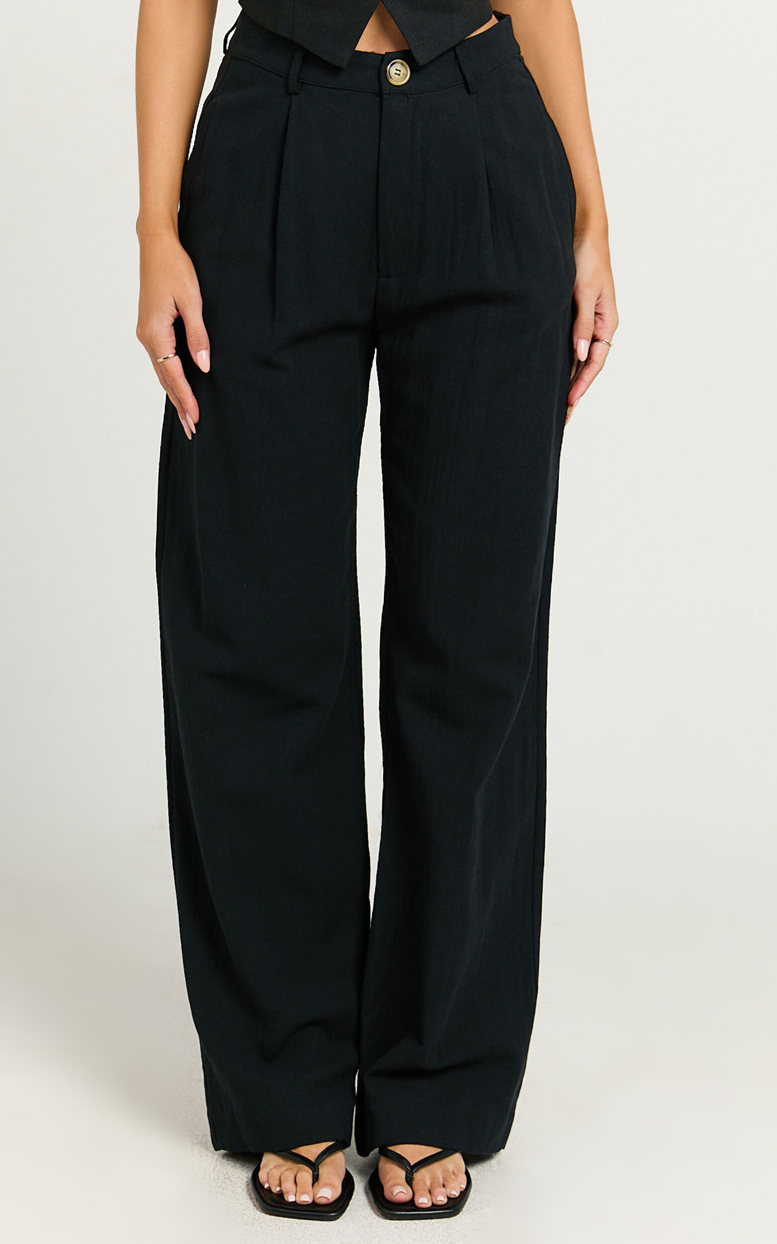 Larissa Trousers - Linen Mid Waisted Relaxed Straight Leg Trousers in Black