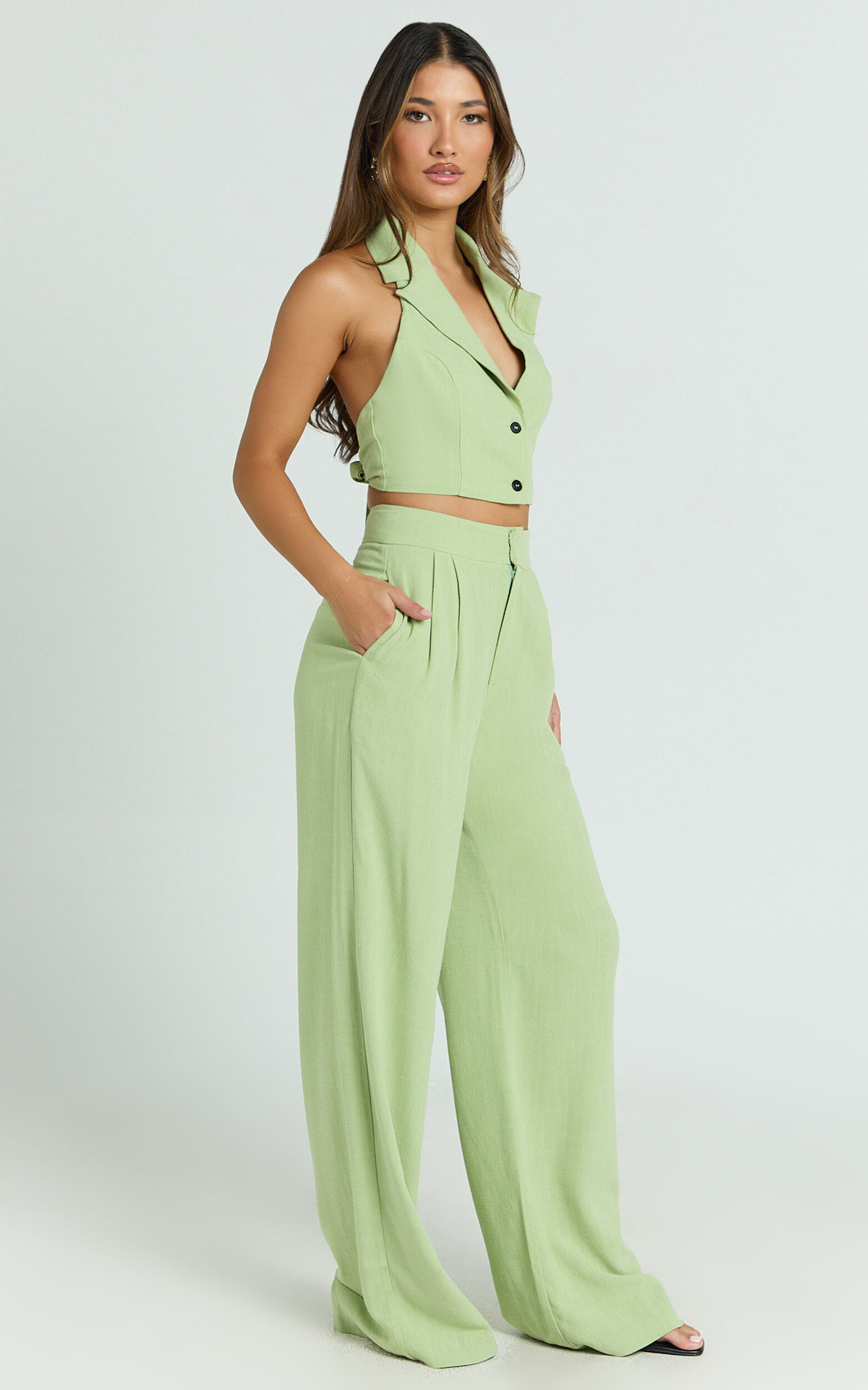 Nellis Two Piece Set - Linen Look Halter Vest and High Waisted Pants Set in Light Green