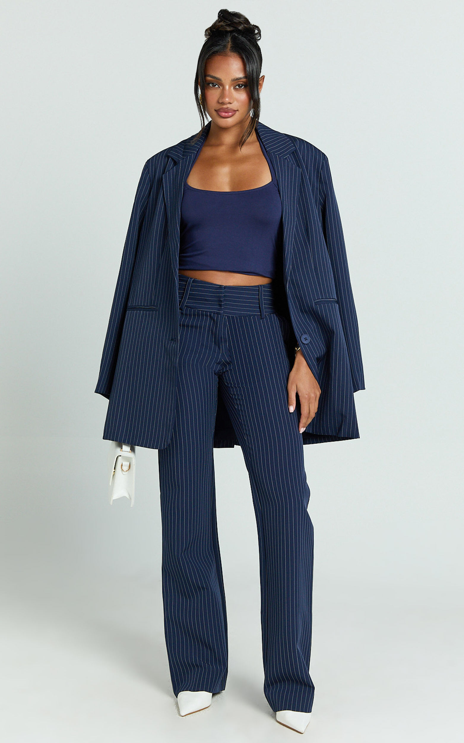 Elliot Pants - Mid Rise Pinstripe Bootleg Pants in Navy