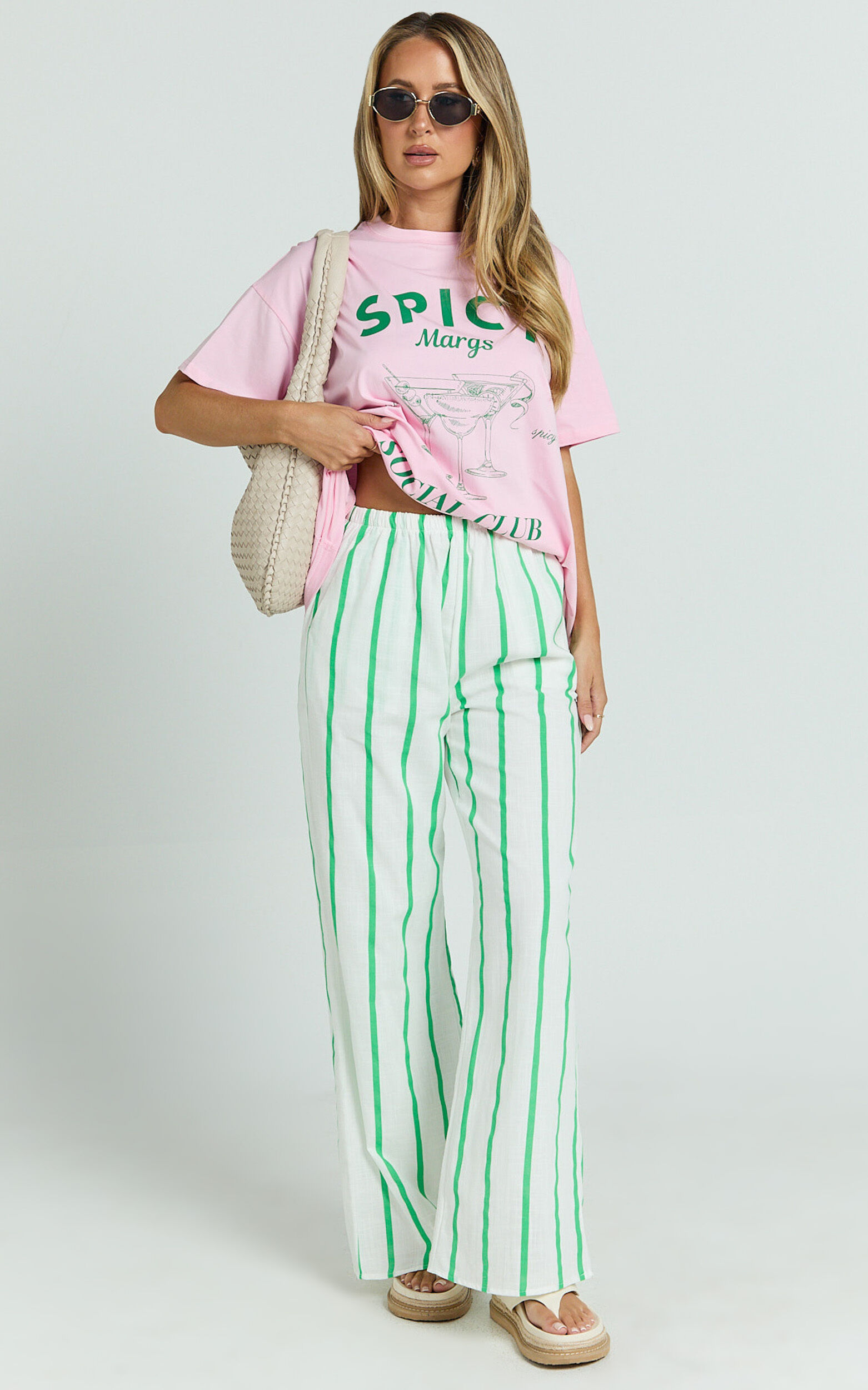 Albina Two Piece Set - Spicy Margs Club Tee and Striped Pant Set in Green