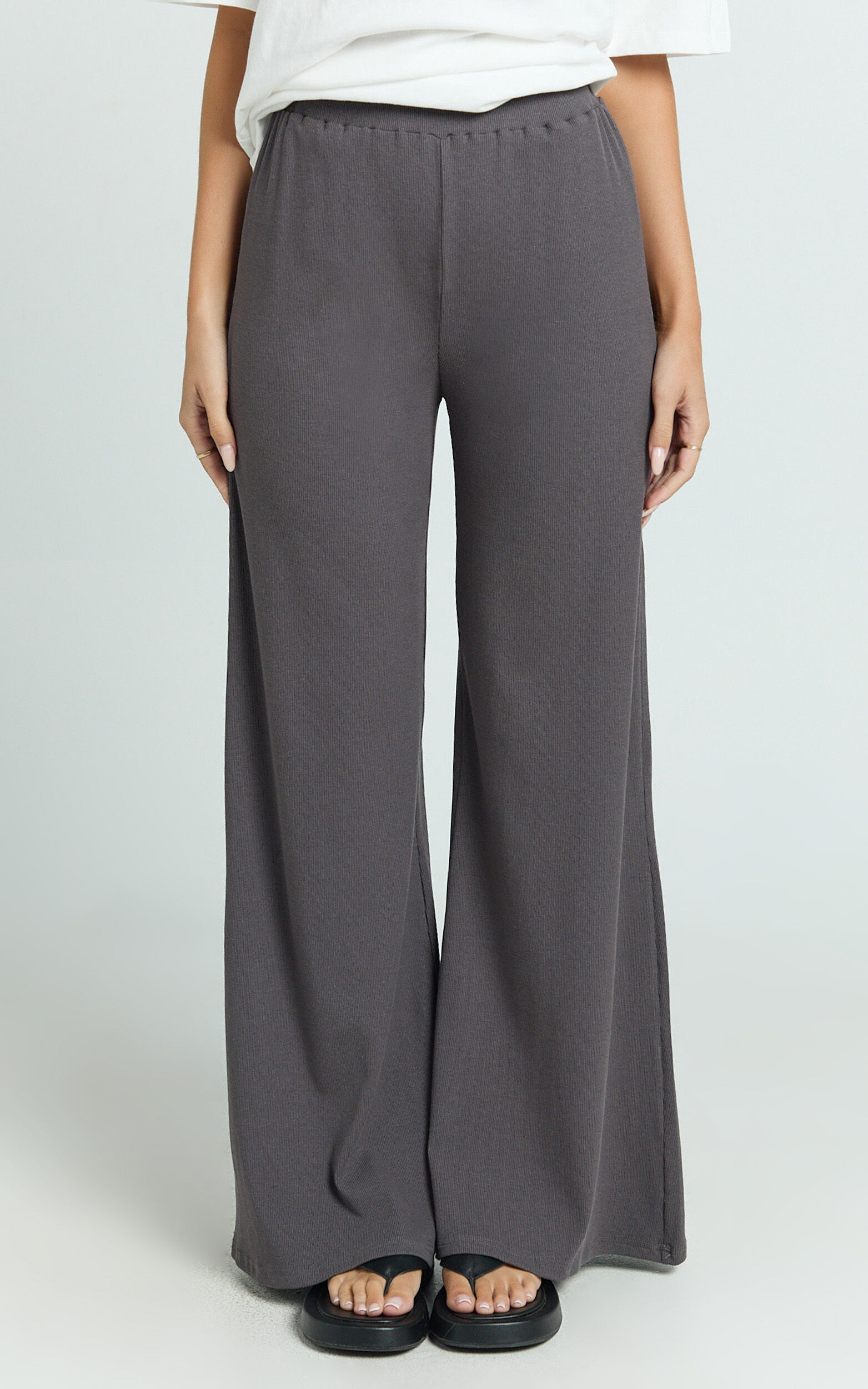Amalthea Pants - High Waisted Jersey Rib Wide Leg Pants in Charcoal