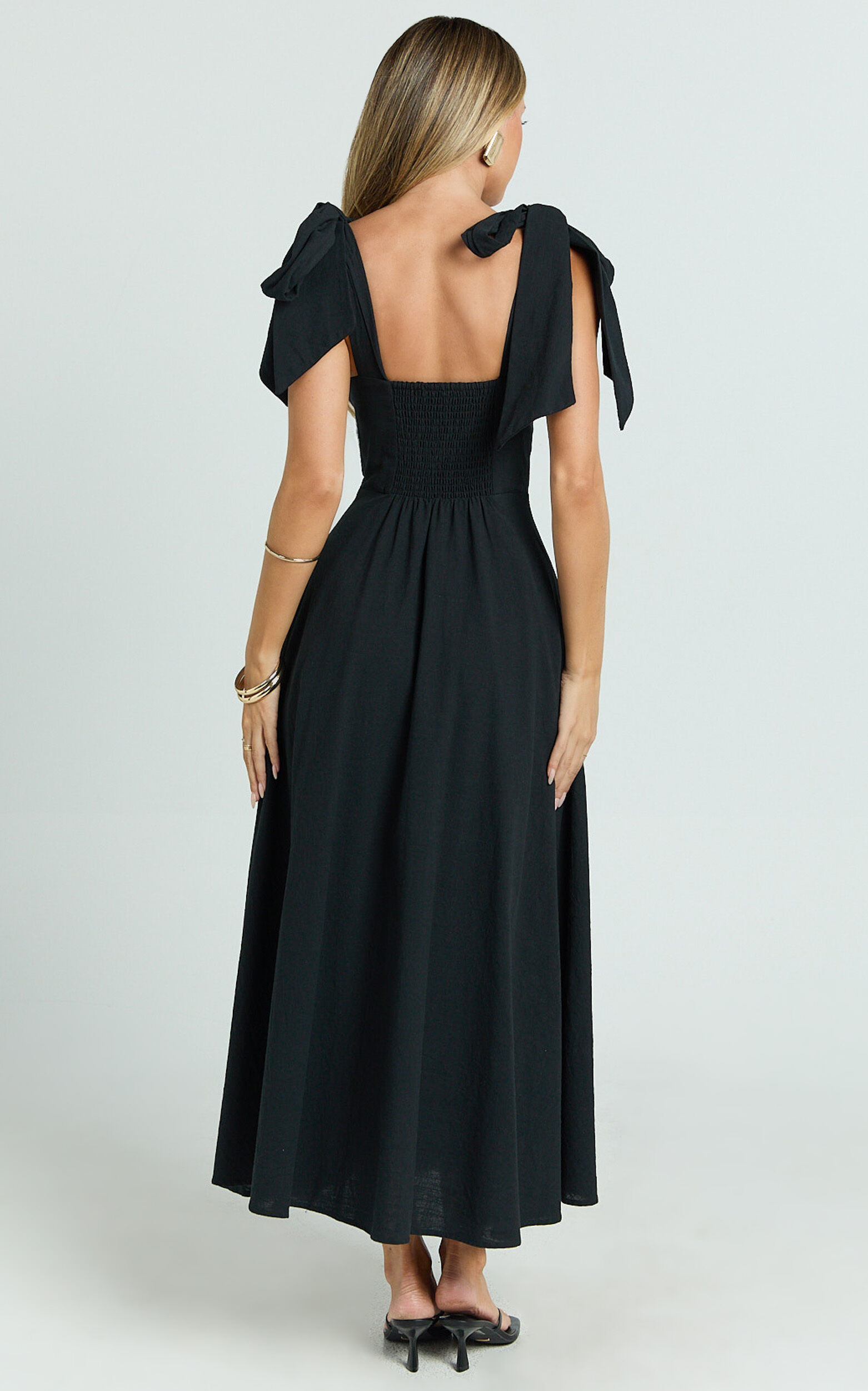 Tymia Midi Dress - Shoulder Tie Bustier Shirred Back A Line in Black
