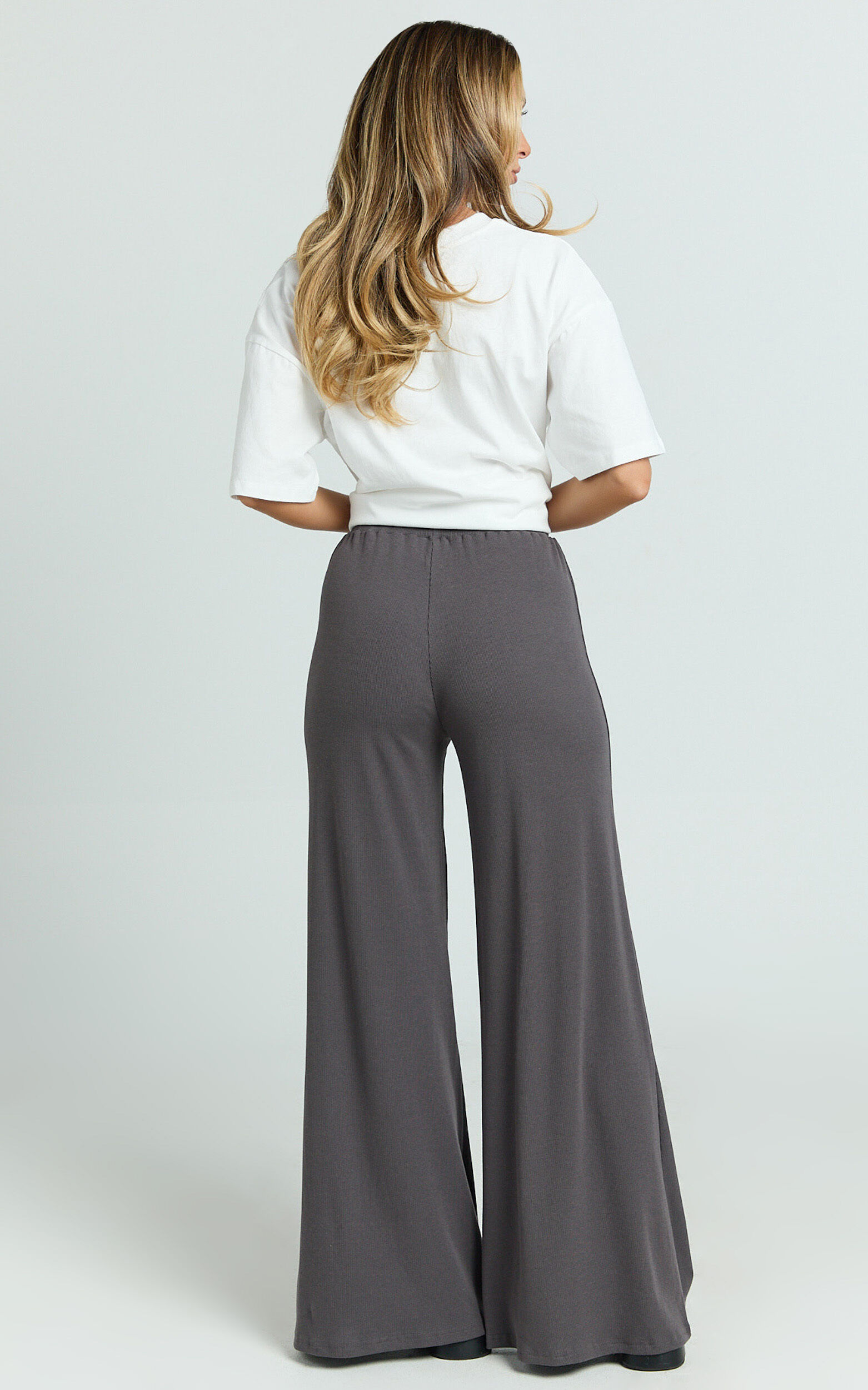 Amalthea Pants - High Waisted Jersey Rib Wide Leg Pants in Charcoal