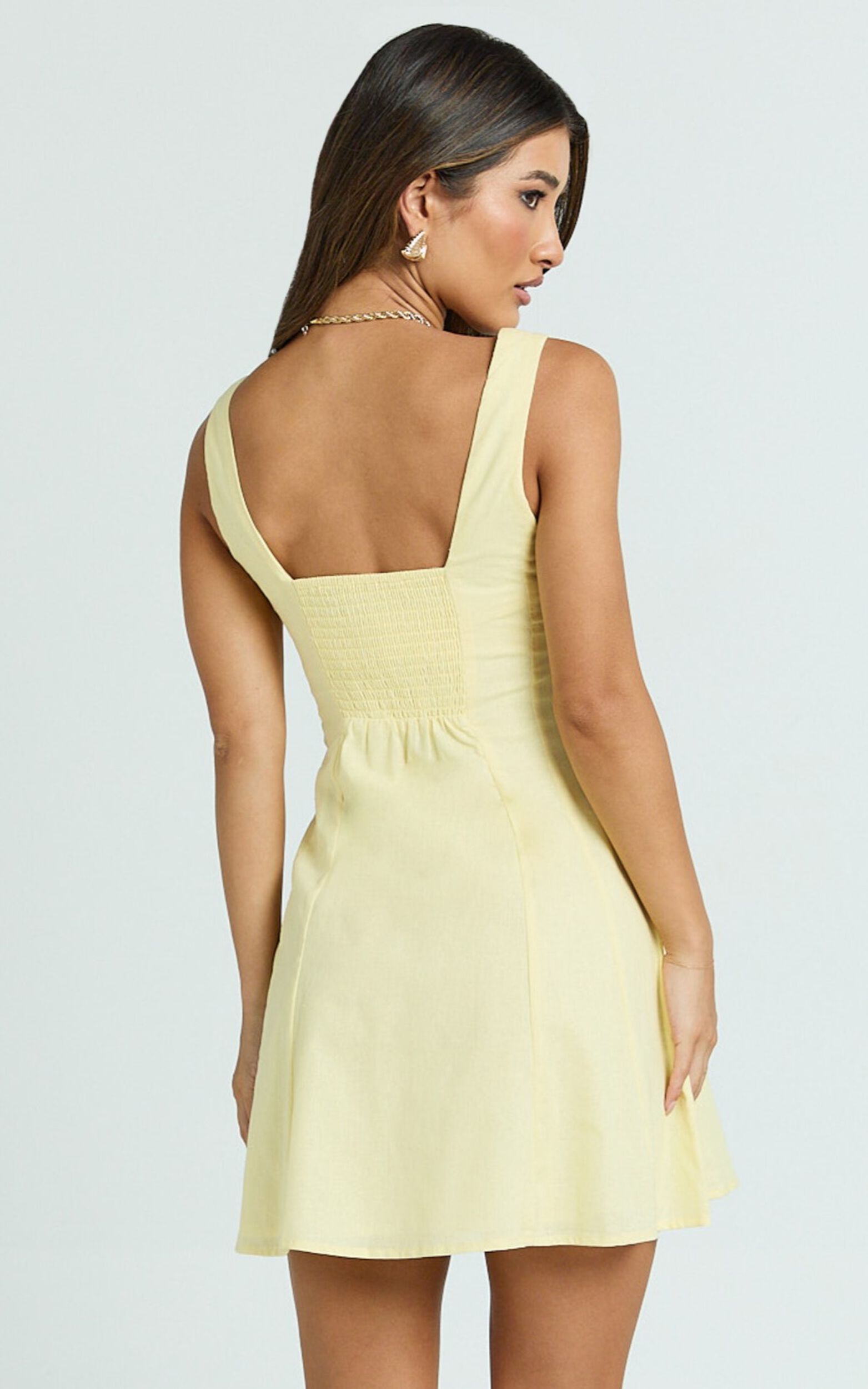 Adiana Mini Dress - Linen Square Neck Shirred Back A Line Dress in Lemon