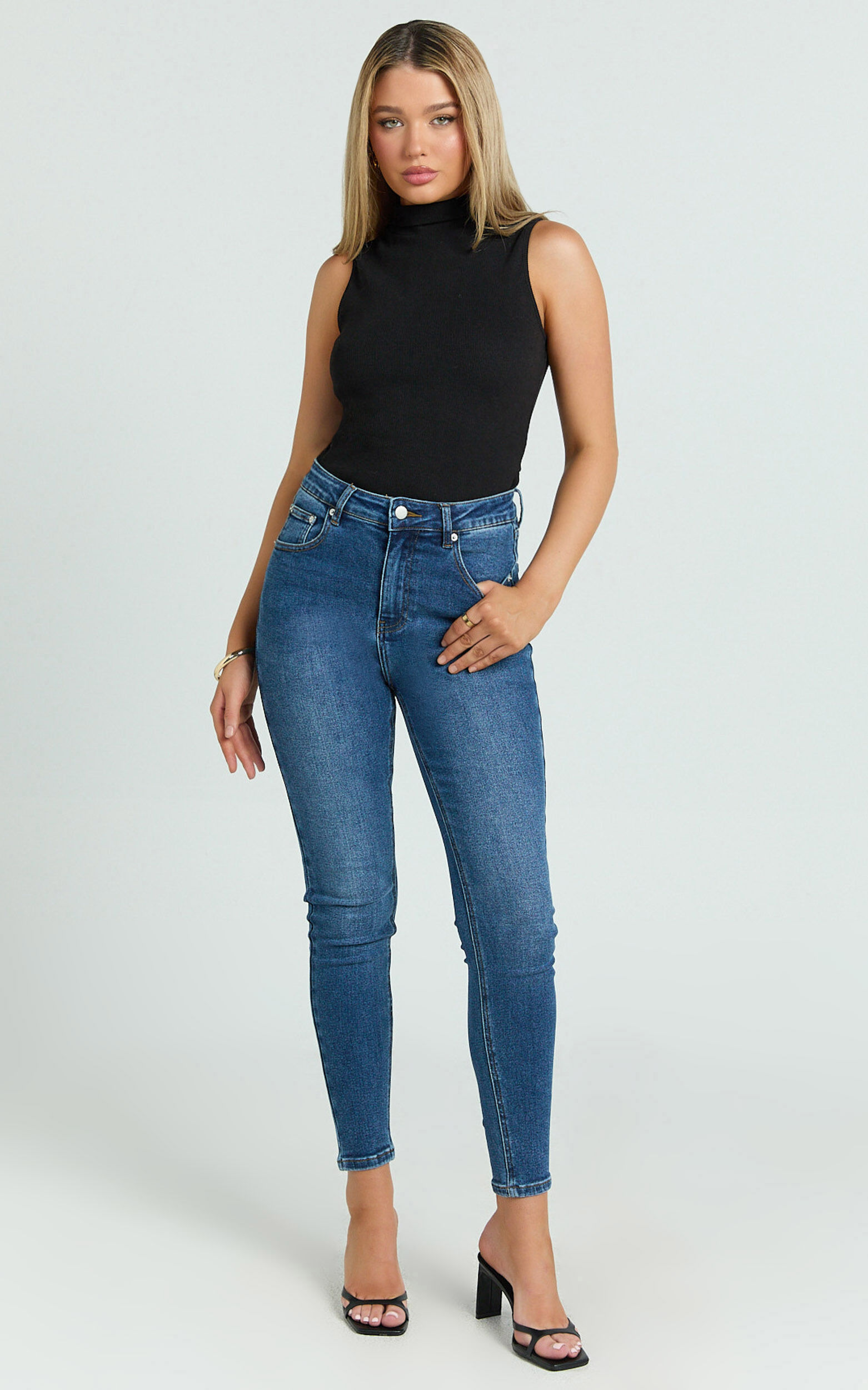 Duffy Jeans - High Waisted Super Stretch Skinny Denim Jeans in Dark Blue Wash