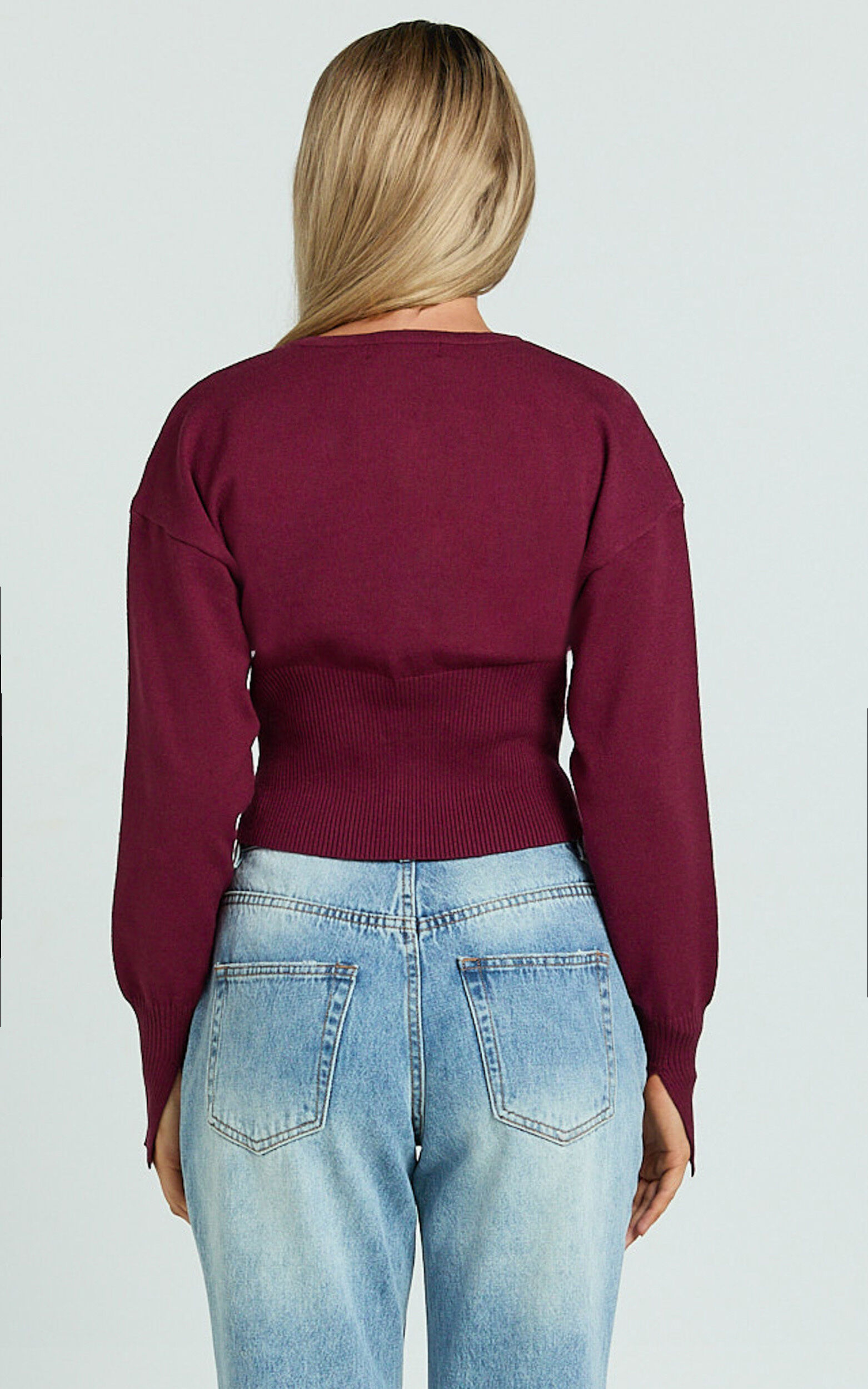 Ramsey Cardigan - Recycled Contoured Waist Button Down Cardigan in Wine