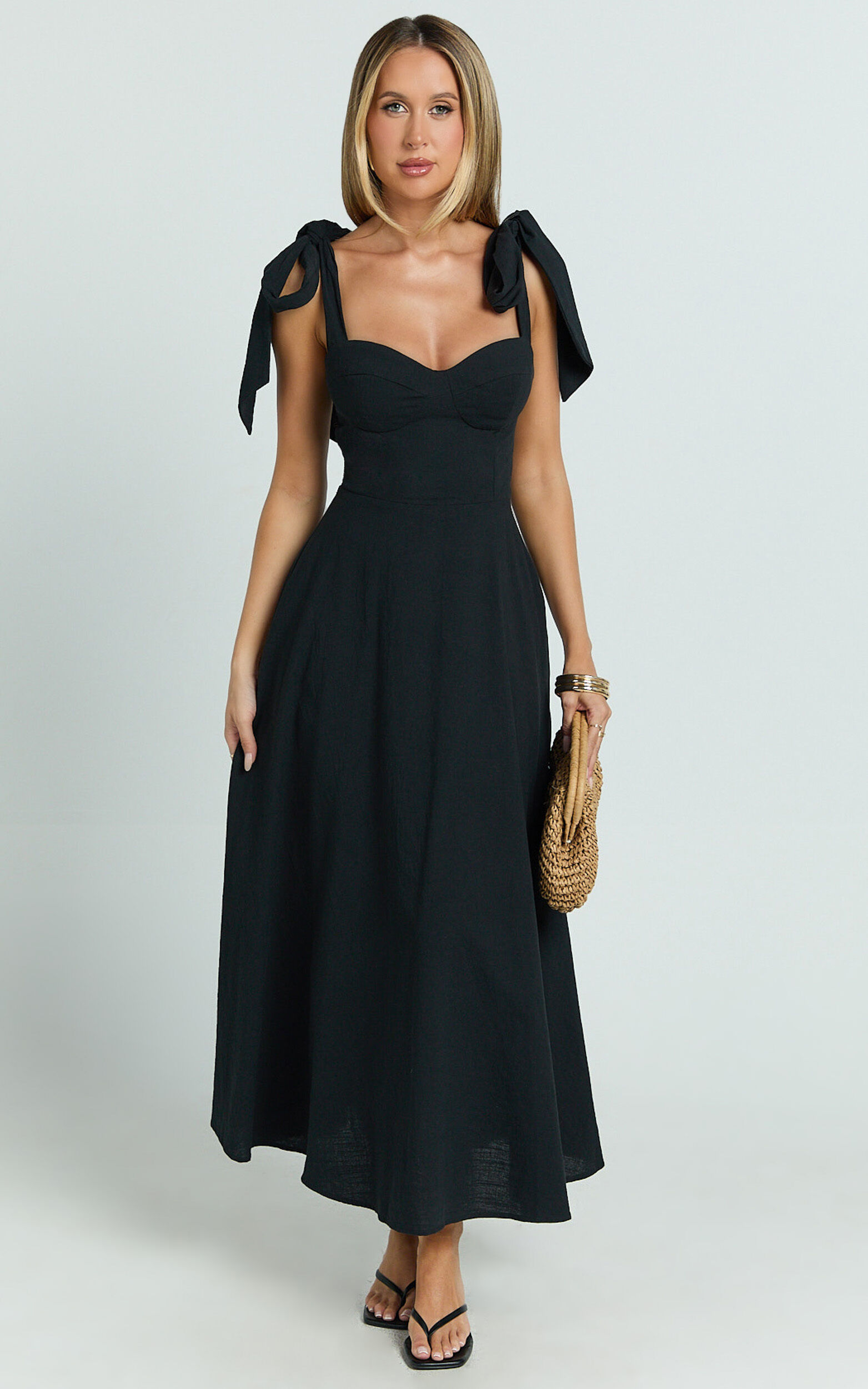 Tymia Midi Dress - Shoulder Tie Bustier Shirred Back A Line in Black