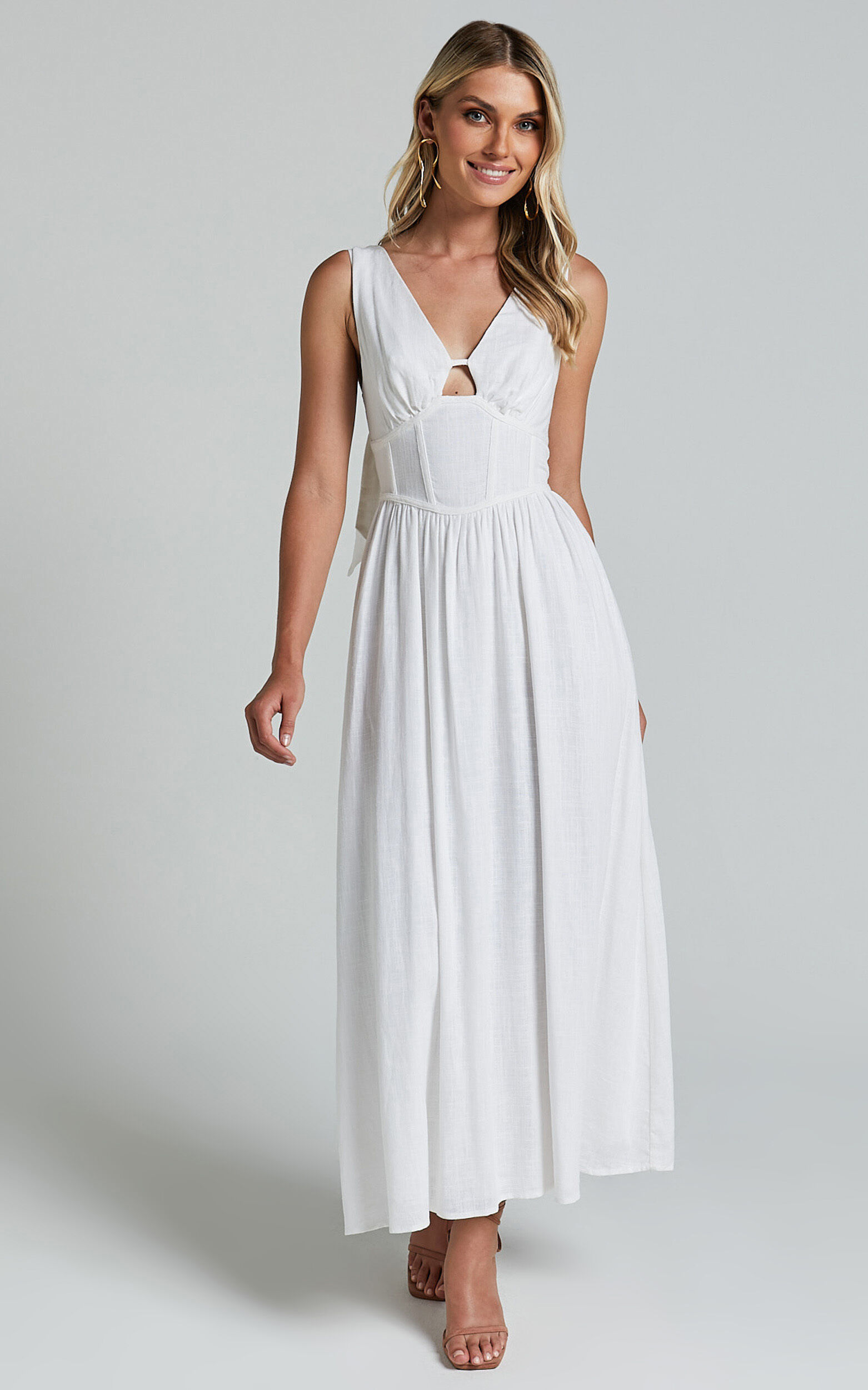 Amalie The Label - Chamika Linen Blend Bustier Double Tie Back Midi Dress in White