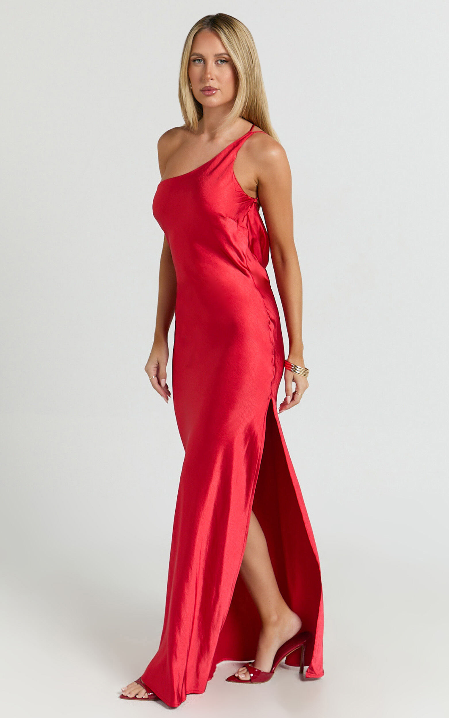 Helga Maxi Dress - Satin One Shoulder Cowl Back Bias Cut Dress in Red
