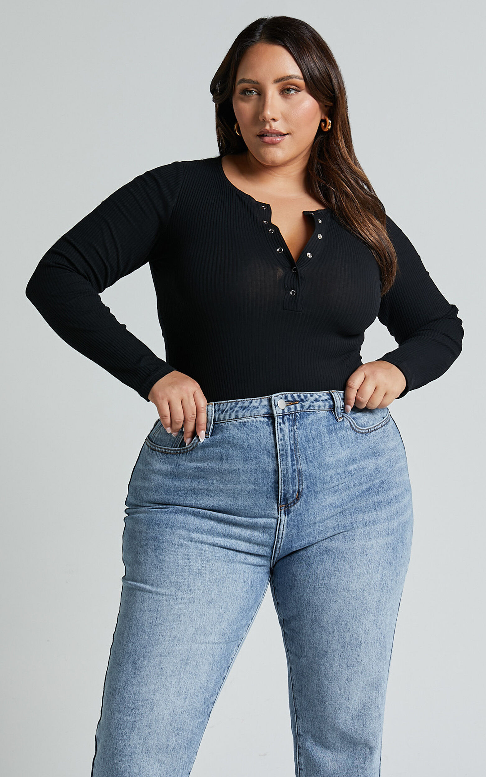 Tatem Bodysuit - Long Sleeve Button Front Bodysuit in Black