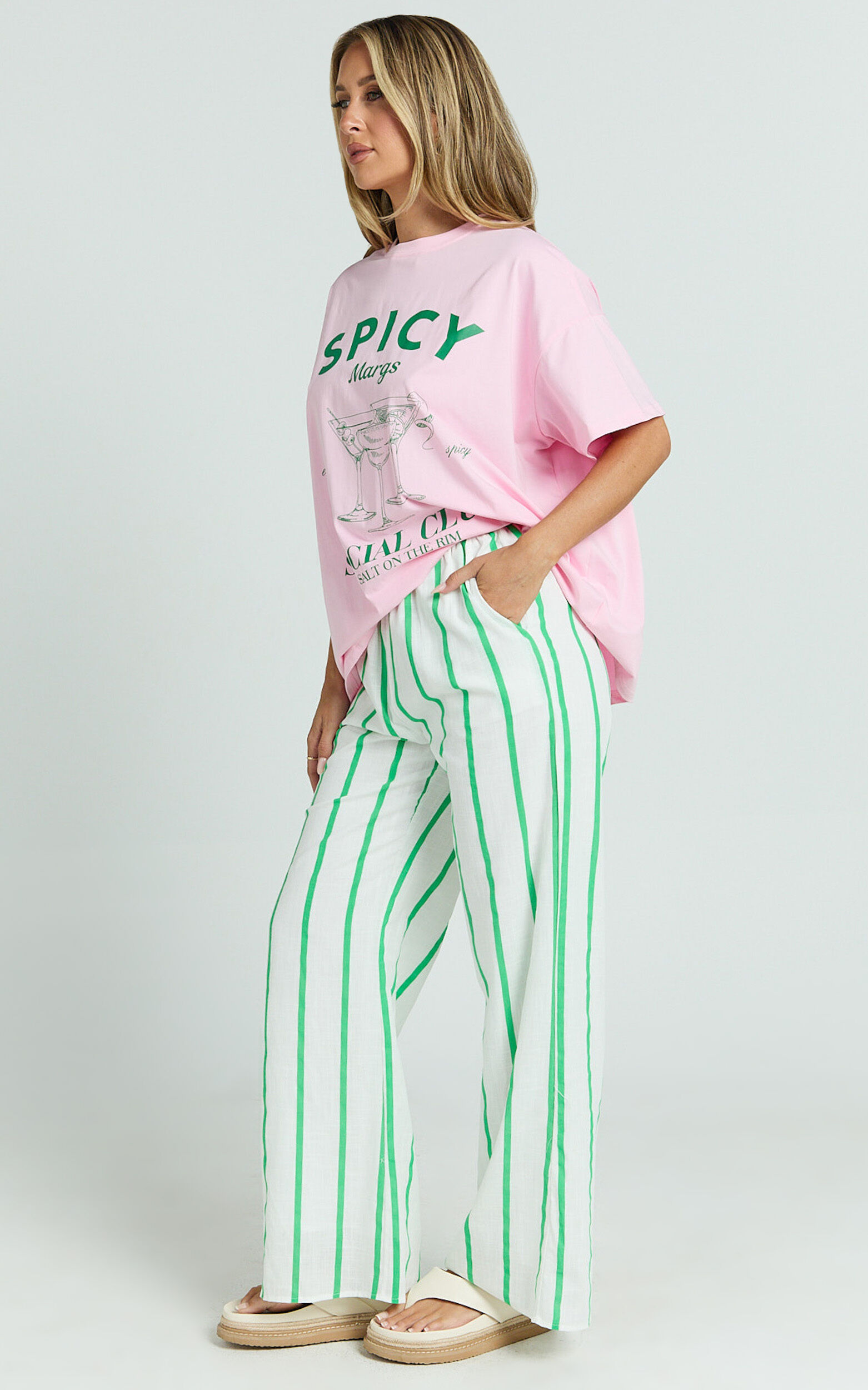 Albina Two Piece Set - Spicy Margs Club Tee and Striped Pant Set in Green