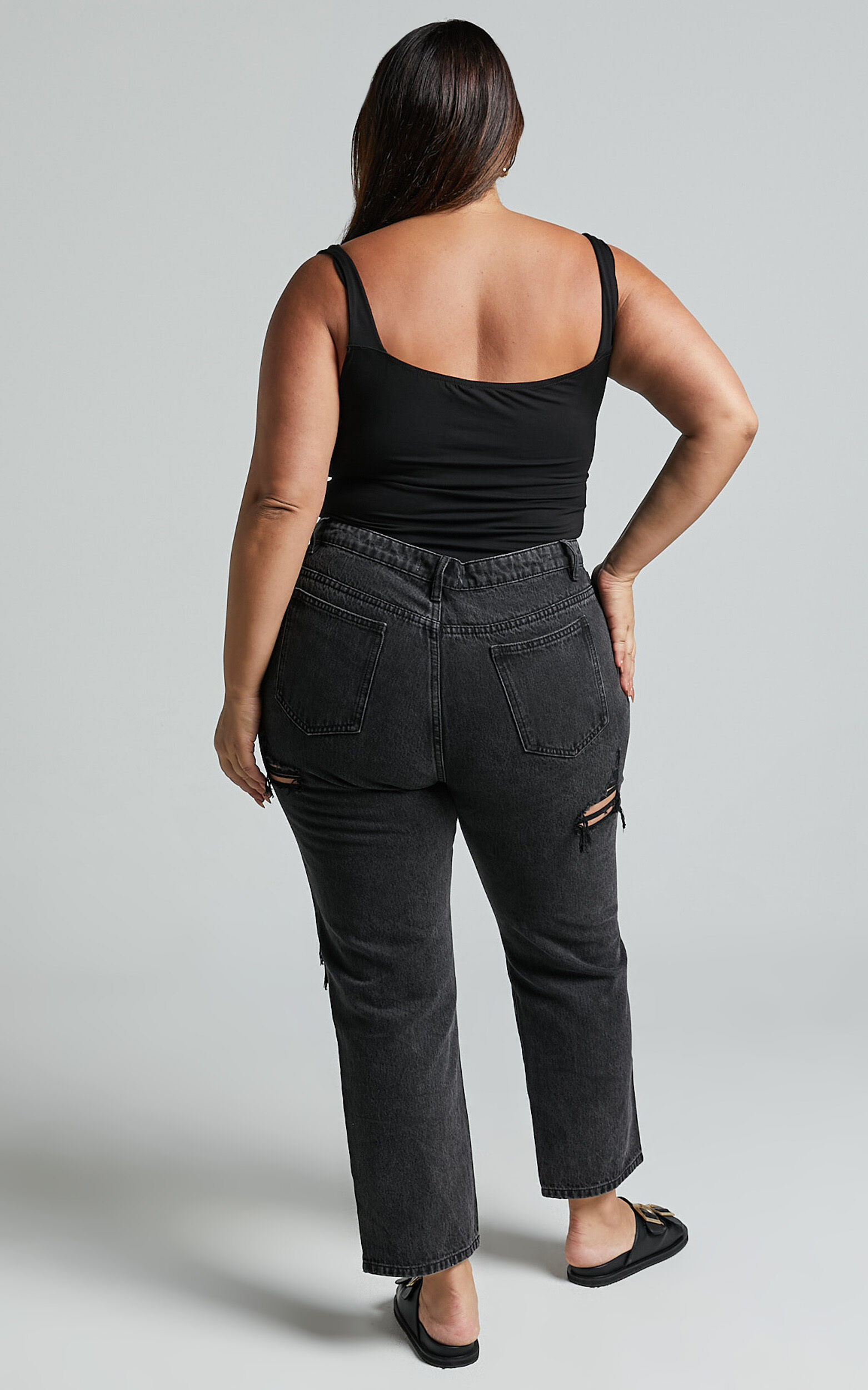 Billie Jeans - High Waisted Cotton Distressed Mom Denim Jeans in Black Wash