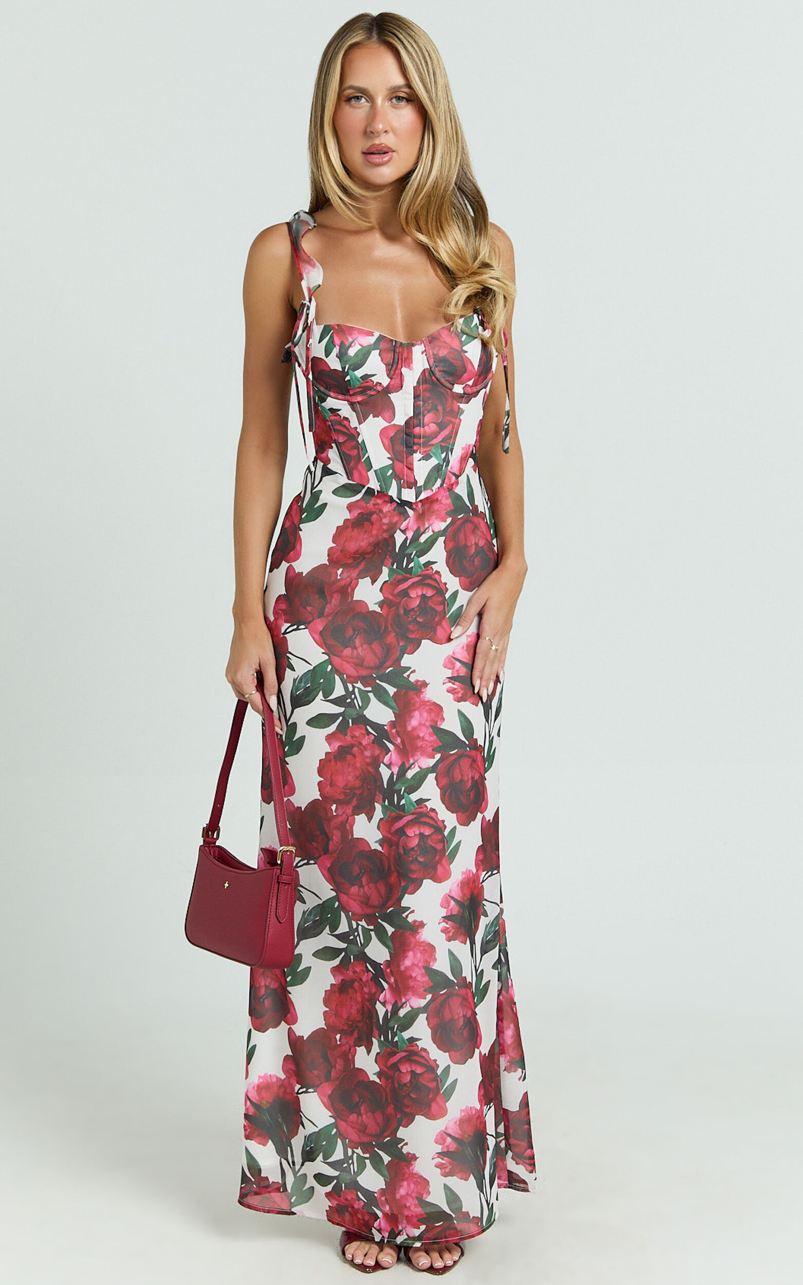 Mabel Maxi Dress - Georgette Frill Sleeve Sweetheart Bias Cut Dress in Rose Blanca