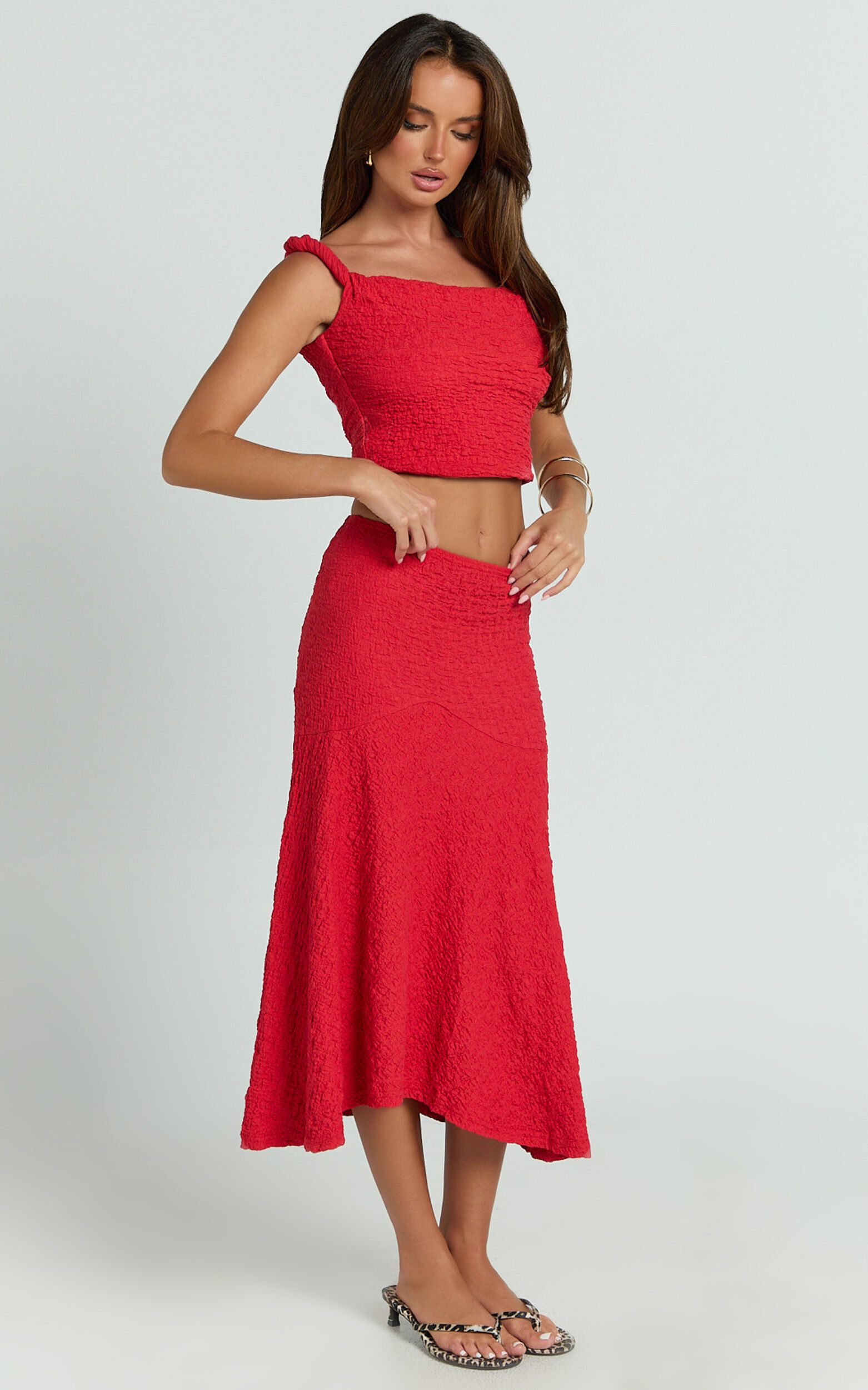Rowena Two Piece Set - Twist Tip Shoulder Top and Mid Rise Skirt in Deep Red