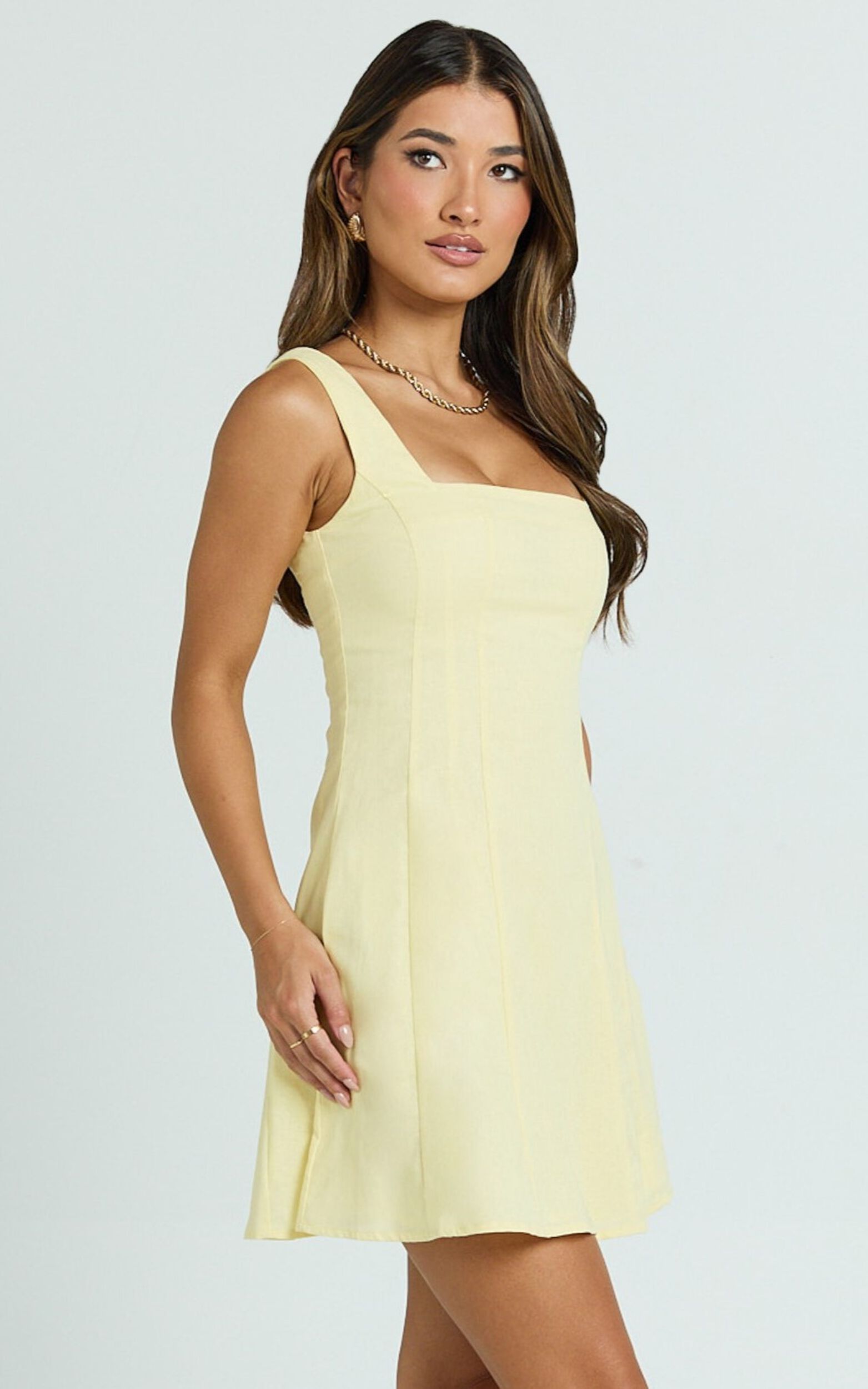 Adiana Mini Dress - Linen Square Neck Shirred Back A Line Dress in Lemon