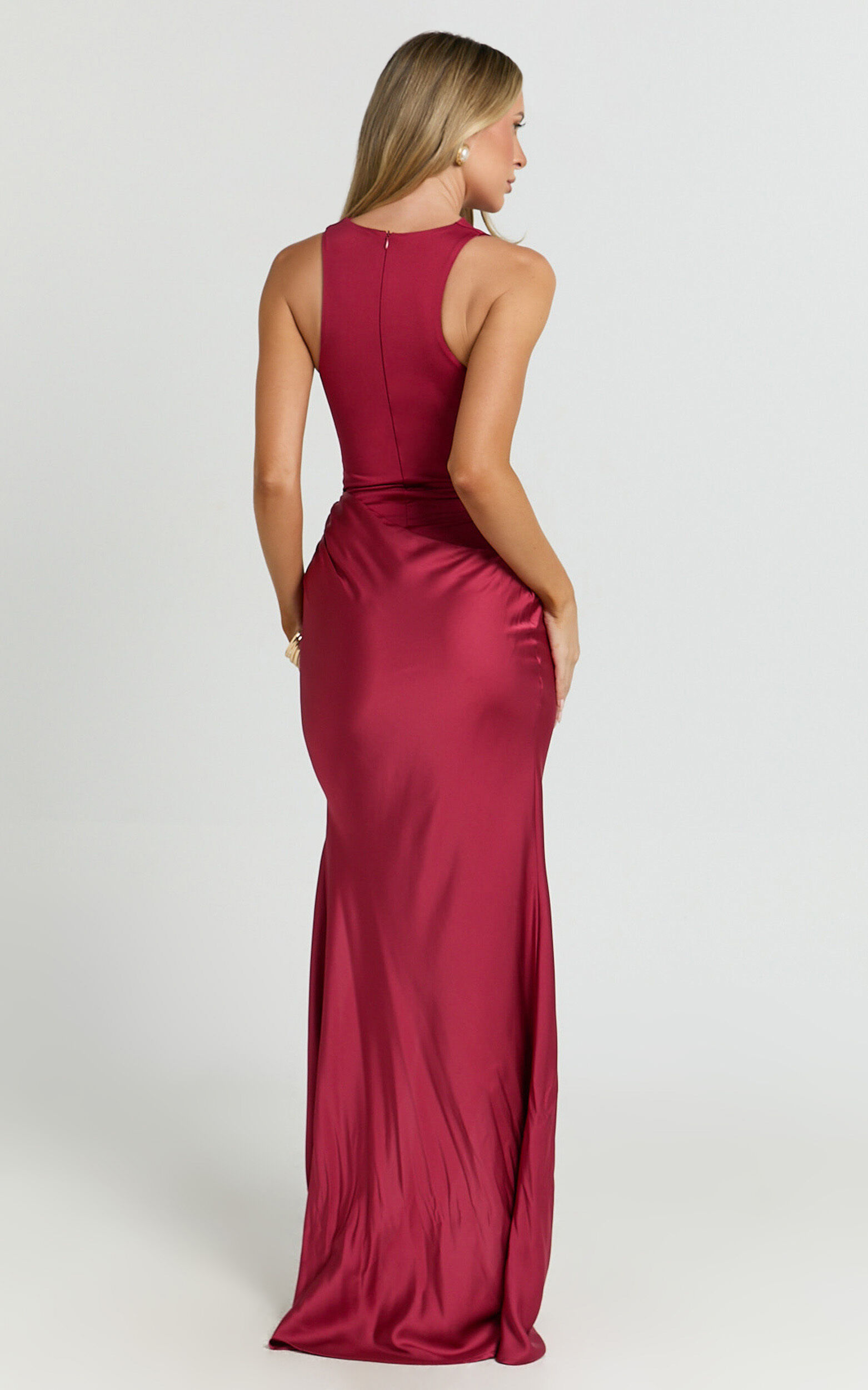 Pepper Maxi Dress - High Neck Bodysuit with Draped Skirt in Cherry