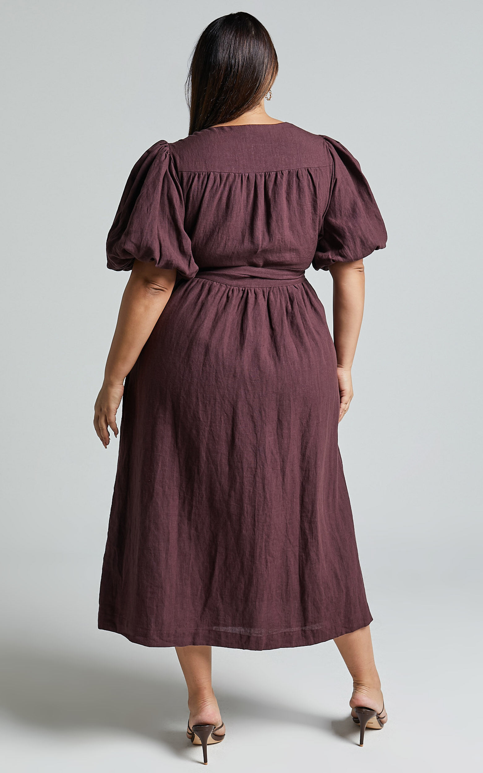 Amalie The Label - Franc Linen Puff Sleeve Wrap Midi Linen Dress in Dark Plum