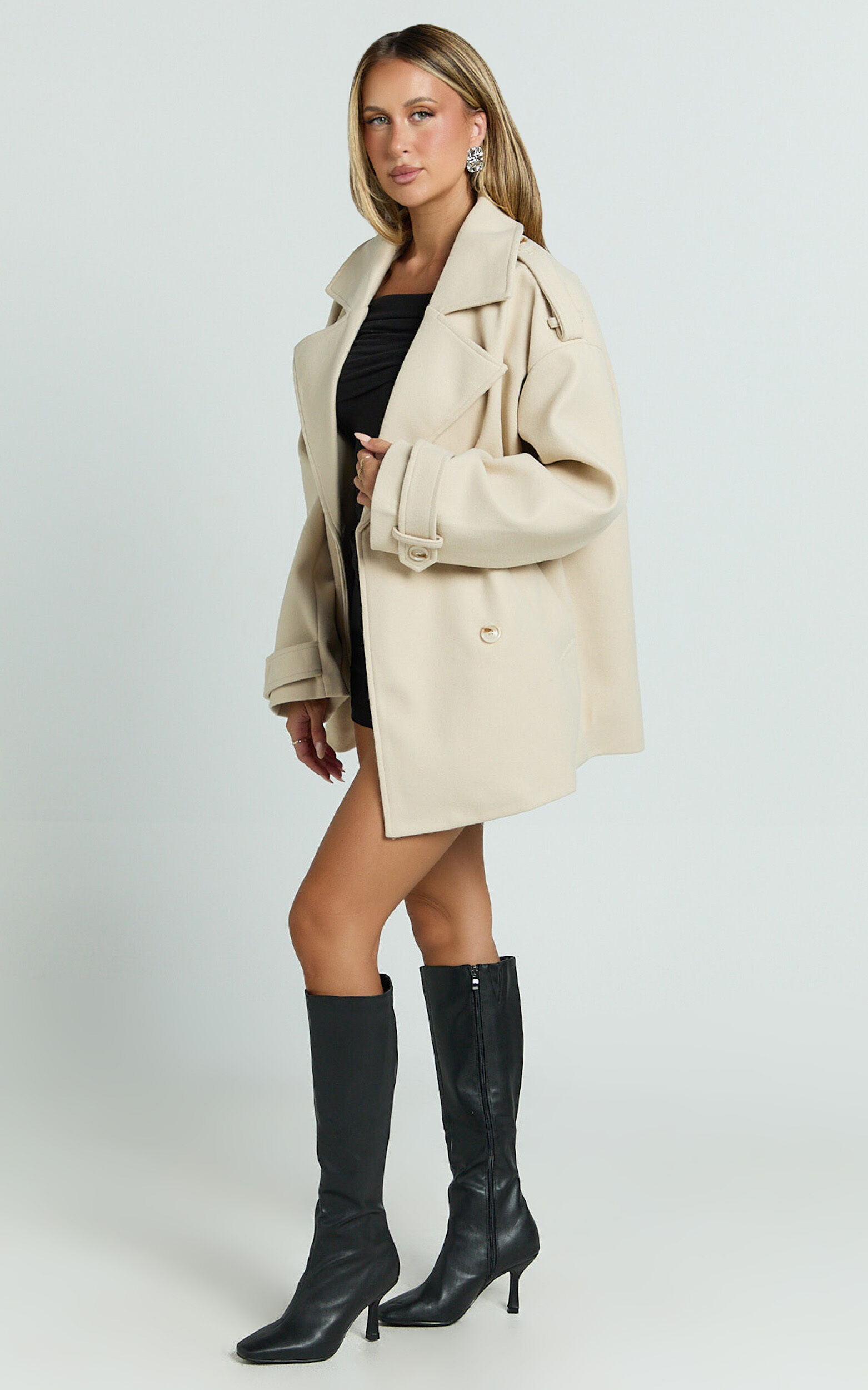 Adriana Coat - Double Breasted Short Wool Like Coat in Cream