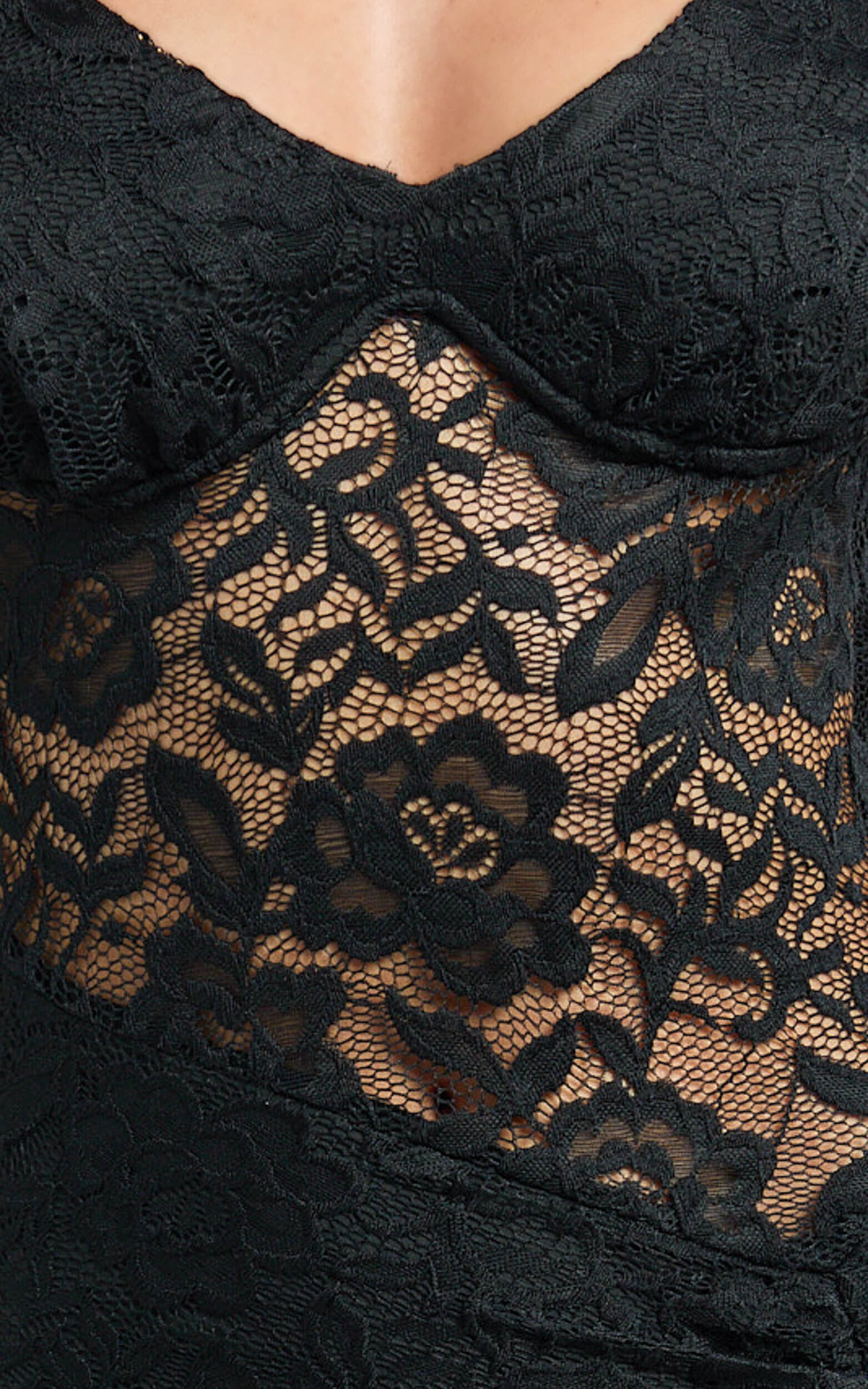 Tatum Midi Dress - Lace Off Shoulder Side Split Dress in Black