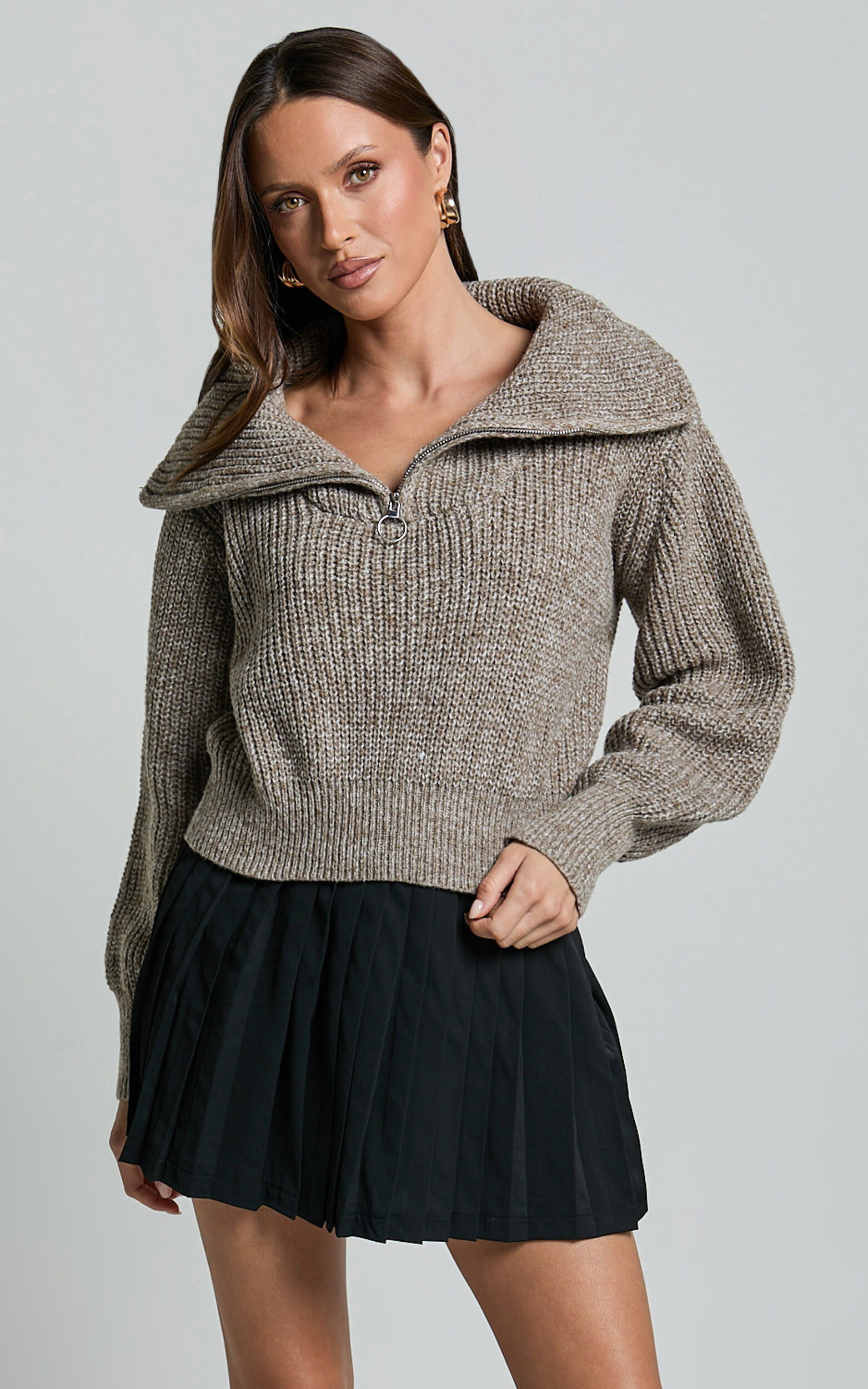 Ace Jumper - Chunky Quarter Zip Knit Jumper in Taupe