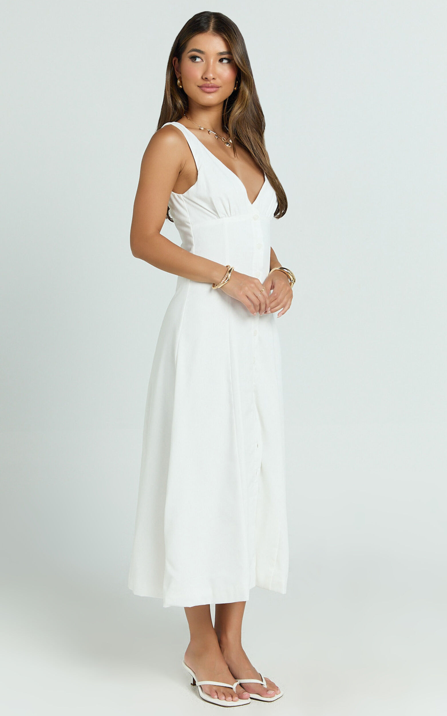 Zula Midi Dress - V Neck Sleeveless Under Bust Seam Circular Skirt Dress in White